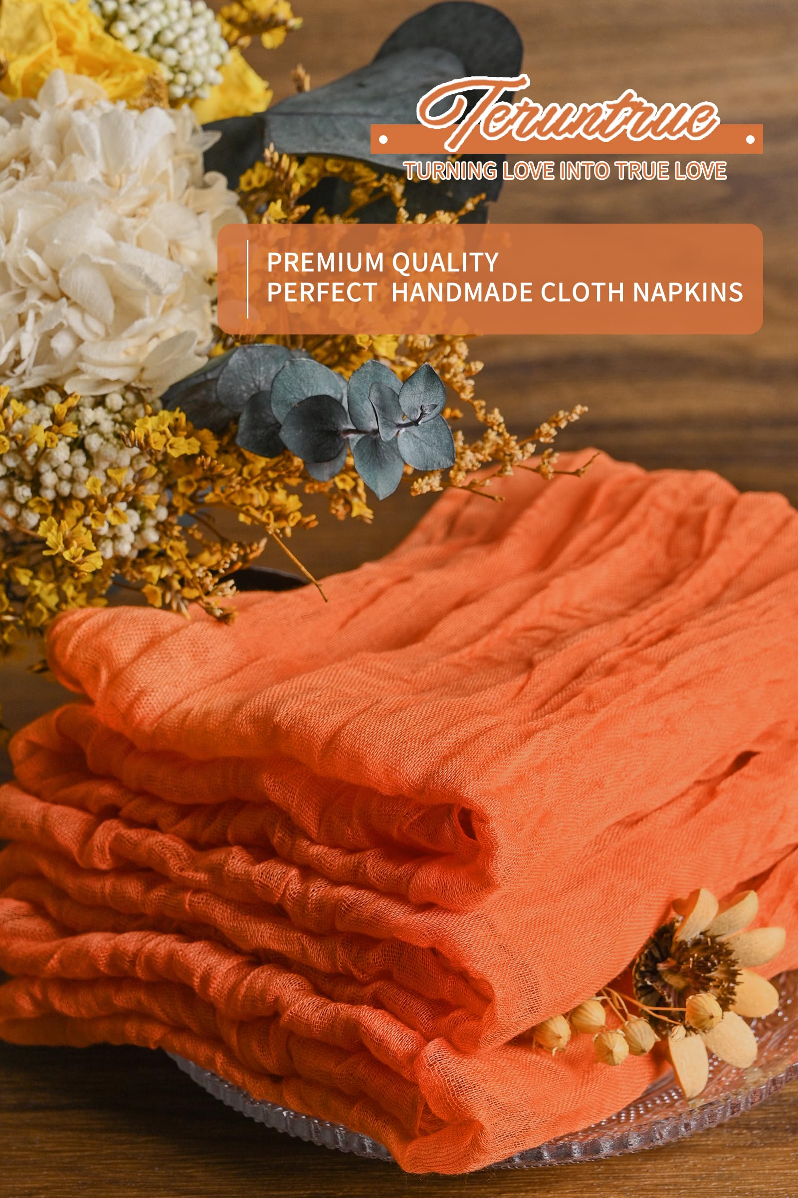 42 Pack Gaze-Käsetuch-Servietten Orange 50 x 50 cm Gebranntes Orange geknitterte Dinner-Servietten, rustikale Boho weiche Stoffservietten für Hochzeit Party Event Tischdekoration