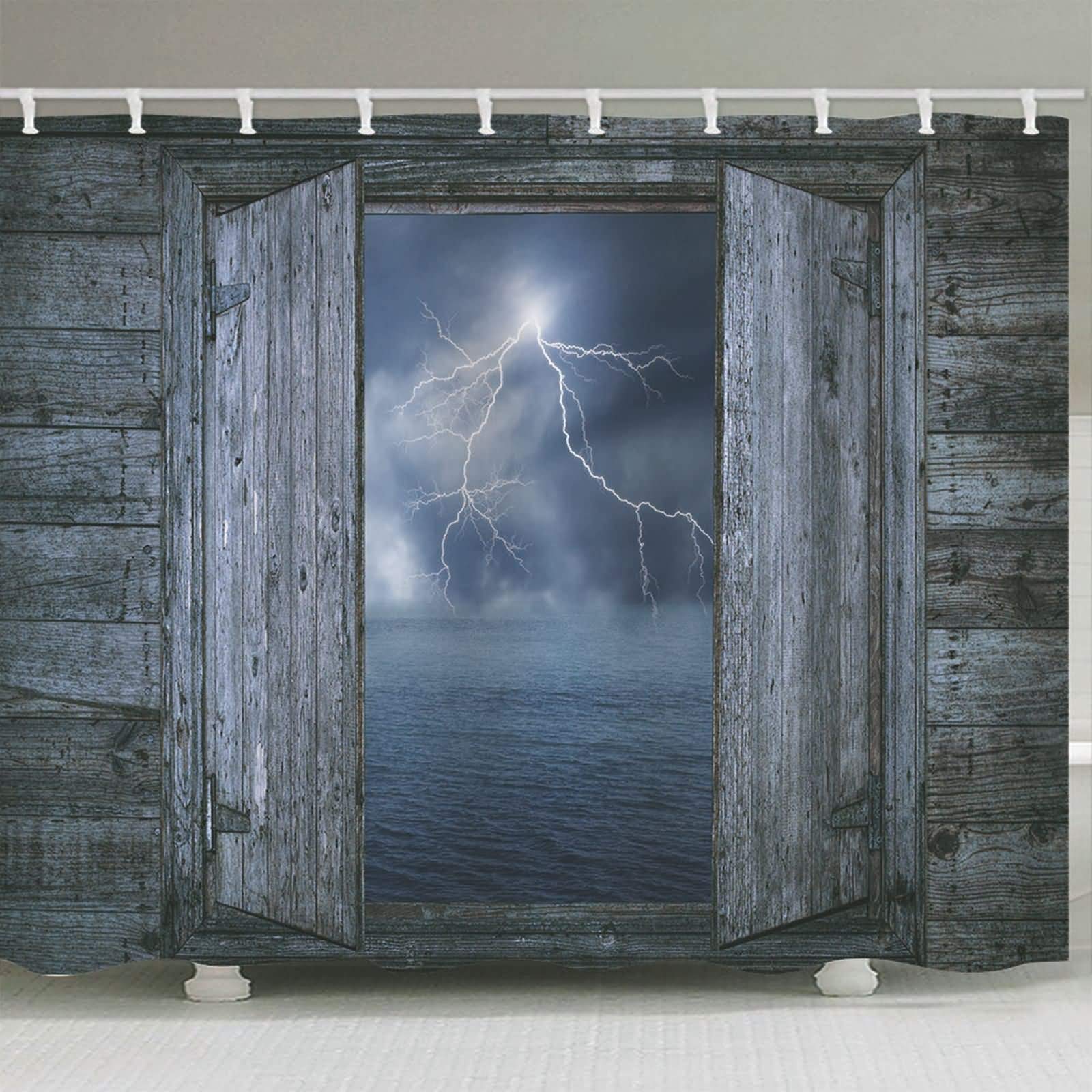 AMDXD - Tenda da doccia in poliestere, tenda da bagno in legno, porta fulmine, con 12 anelli per tende (scura, nero, 180 x 180 cm)