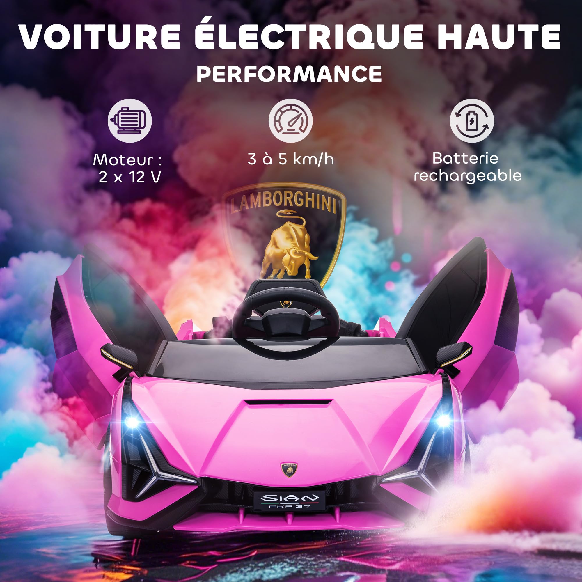 HOMCOM Voiture électrique Enfants de Sport Véhicule électrique Lamborghini Sian 12 V - V. Max. 5 Km/h avec Télécommande 2,4G Effets sonores + Lumineux Rose