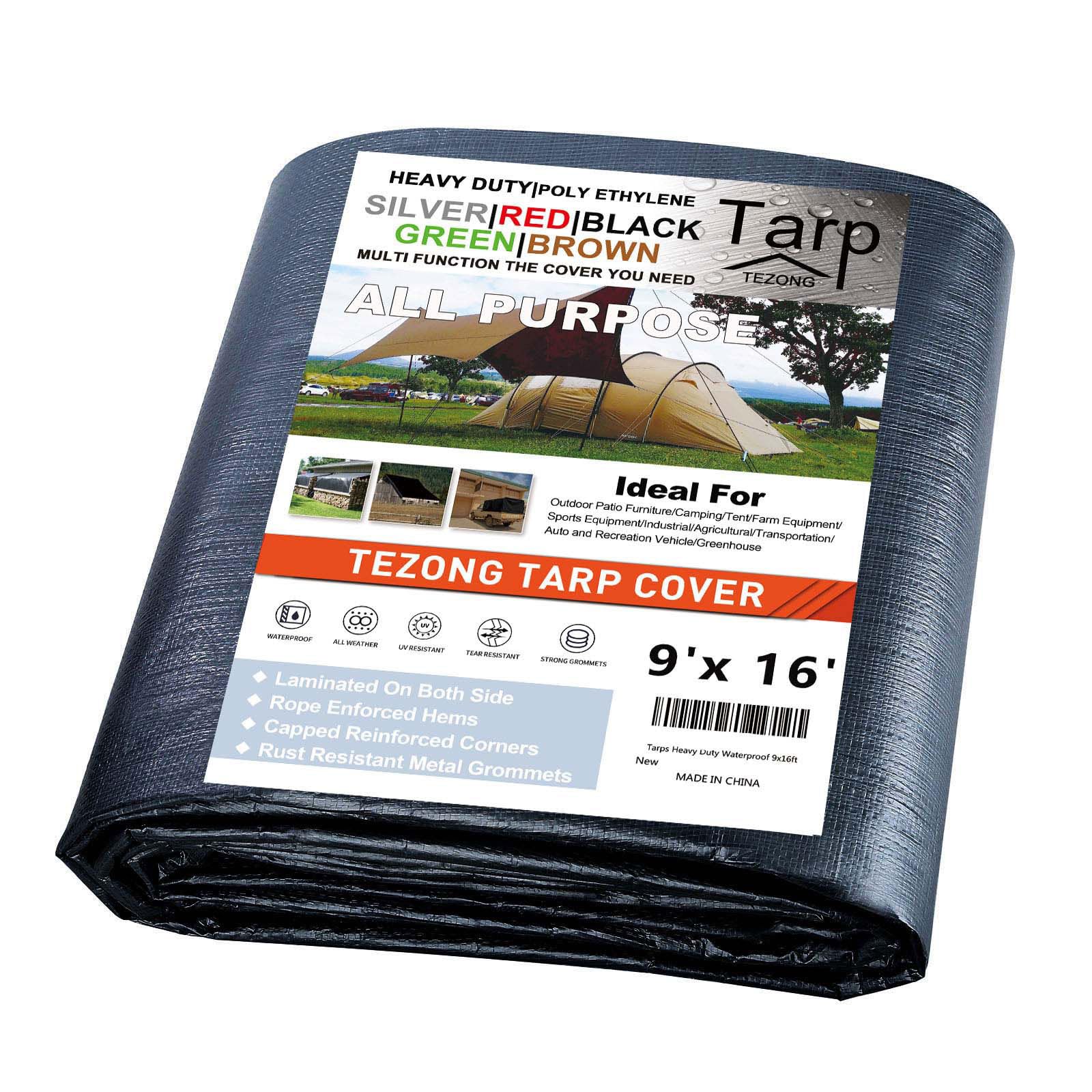 Tarps Heavy Duty Waterproof 9x16ft,TEZONG Black Tarp 12Mil Plastic