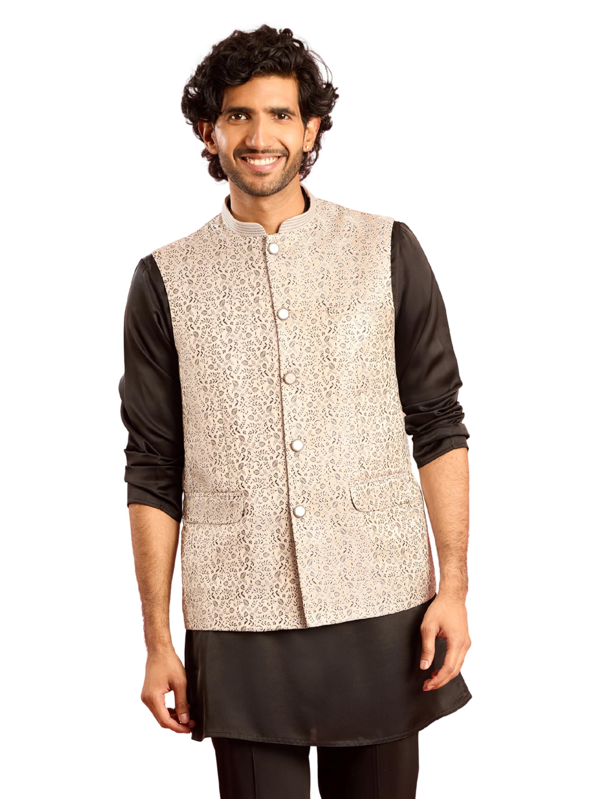 vastramay Men Nehru Jacket | Jacquard Leaves Design with Geometric Thread Embroidery-picture-46
