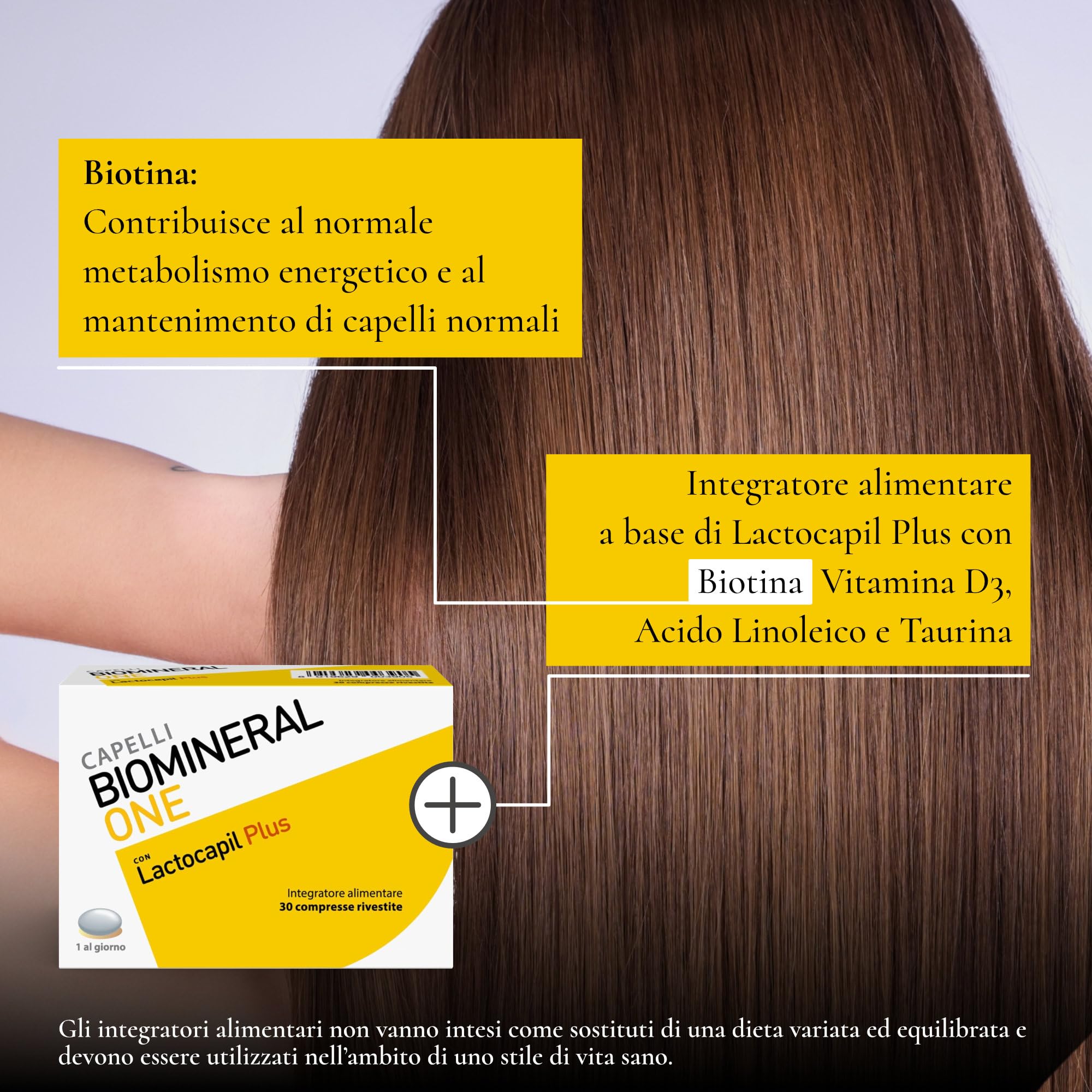 Biomineral One Capelli Più Forti, Valuminosi e Spessi, 60 Compresse, Integratore per Capelli a Base di Lactocapil Plus con Biotina, Vitamina D, Acido Linoleico e Taurina, 2 Confezioni da 30 Compresse
