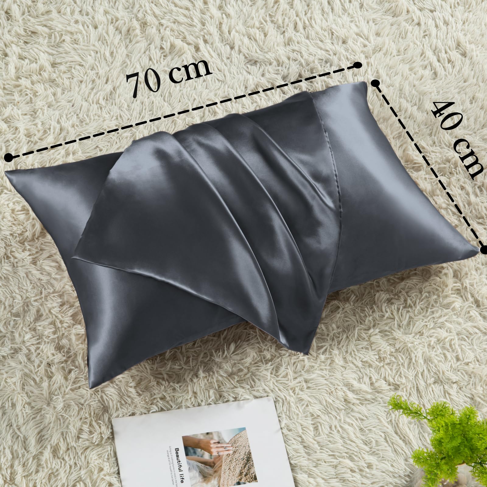 Vielit 2 Pack Satin Pillowcase 70 x 40 Dark Grey, Soft as Silk Pillowcase for Hair and Skin Easier Care than Silk Pillow Case, Envelope Pillowcases & 2 Srunchies Gifts for Women - Image 4