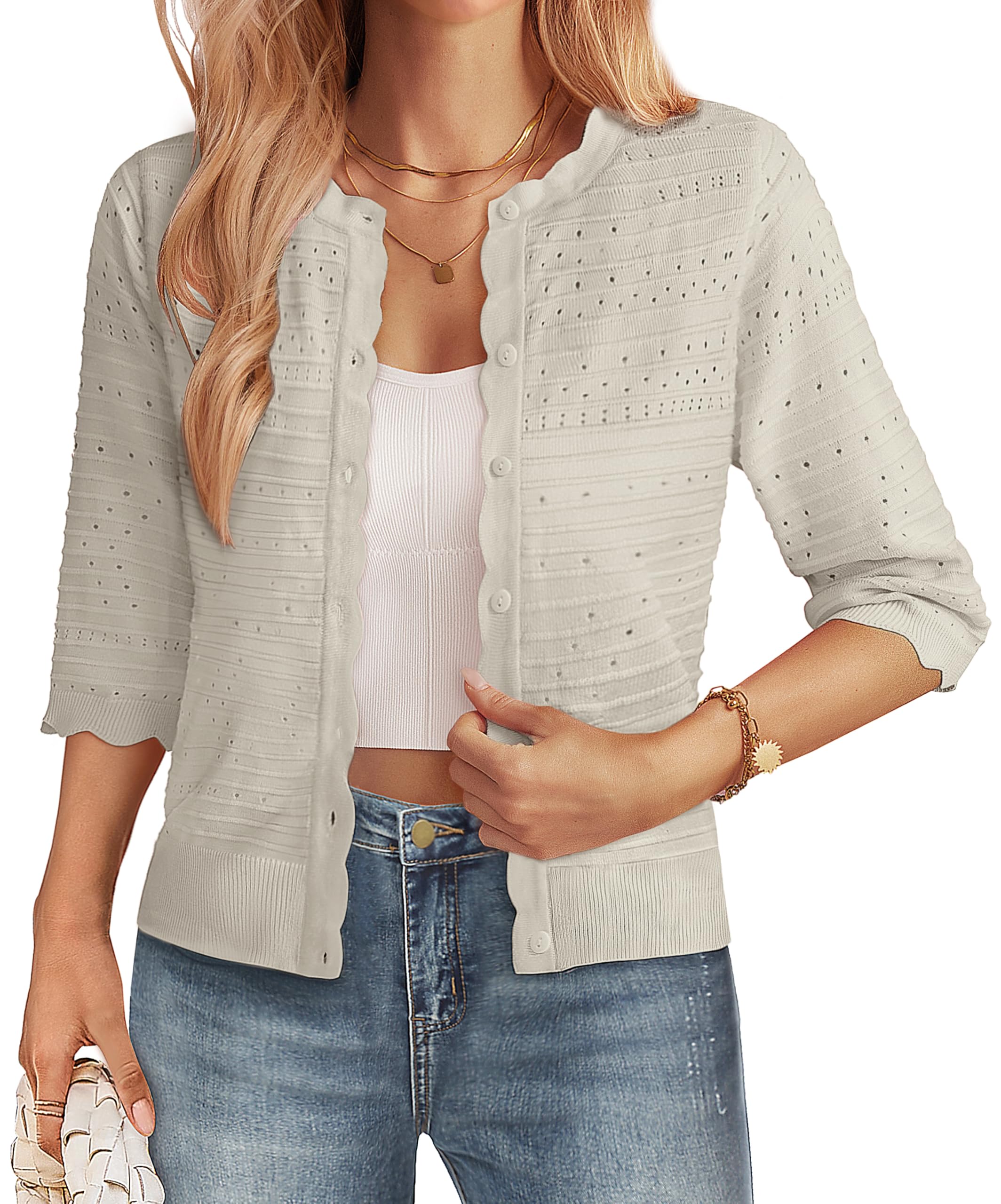 Womens 3/4 Sleeve Cardigan Sweater, Lightweight Cropped Cardigan Trendy, Dressy Casual Crochet Bolero Shrugs-image-17