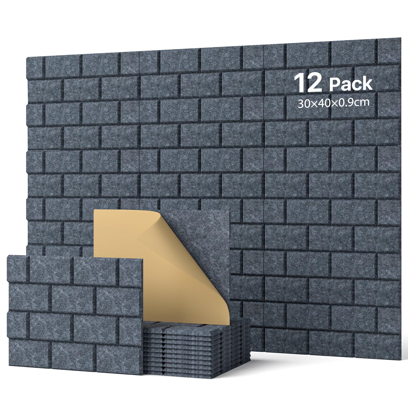 Soundsbay Pannelli acustici autoadesivi, 12 pezzi, isolamento acustico da parete, rettangolari, tipo mattone, pannelli acustici per trattamento acustico e decorazione da parete, 30 x 40 x 0,9 cm
