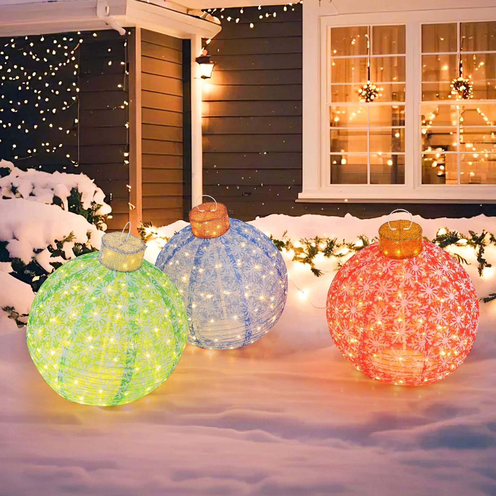 Tangkula 3 Pieces Christmas Lighted Pop up Ornaments, Outdoor Xmas Light-up Hanging Lanterns with Warm White LED Lights, Indoor/Outdoor Pre-lit 3 Colors Lanterns Decoration for Yard Garden Porch