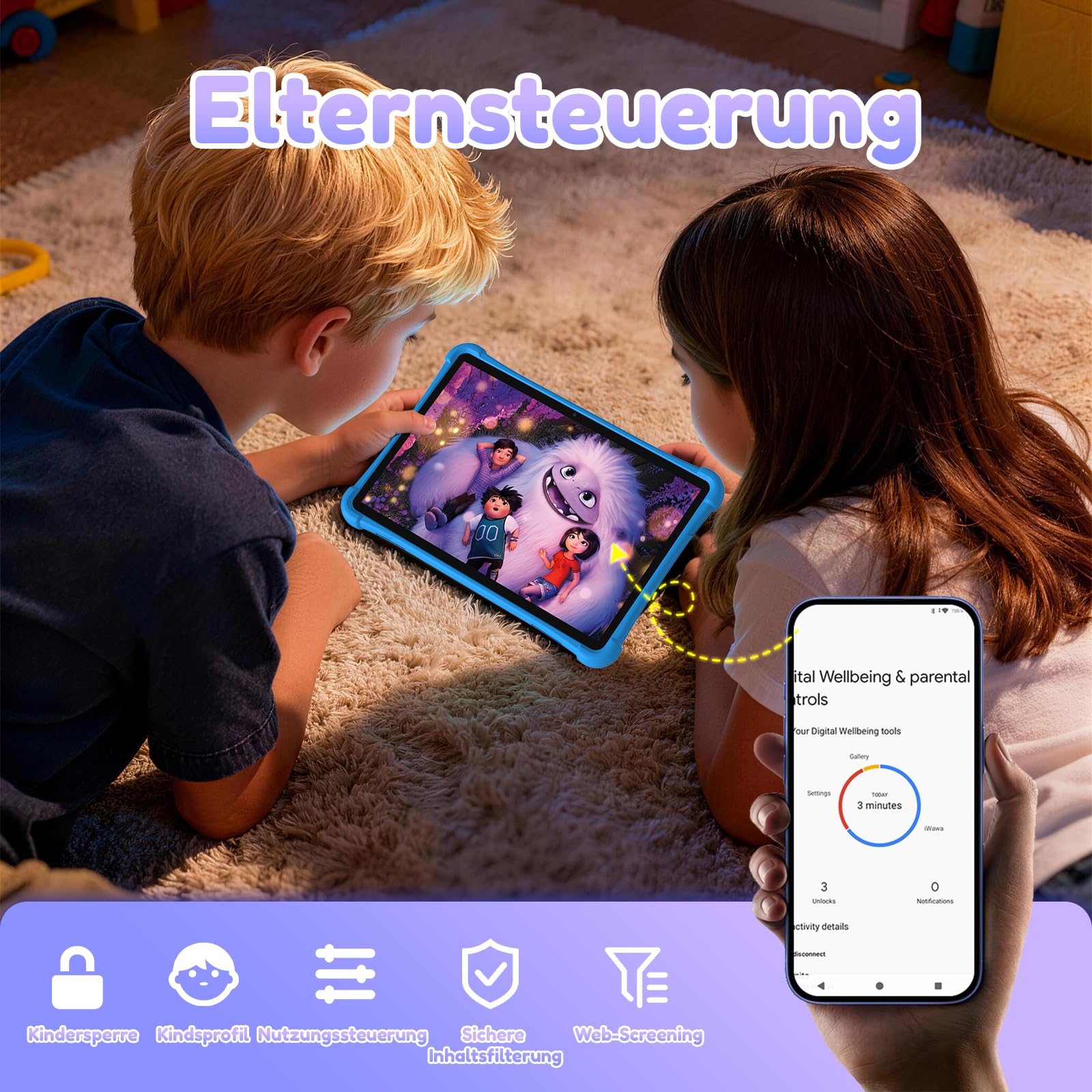 ALLDOCUBE 10-Zoll LTE-Kindertablet, iWaWa Kinderschutz, Android 15, Blau | 7GB RAM+64GB ROM (512GB TF), 5500mAh, 4G-Telefonie, GPS, Stoßfeste Schutzhülle, iPlay 70 SE