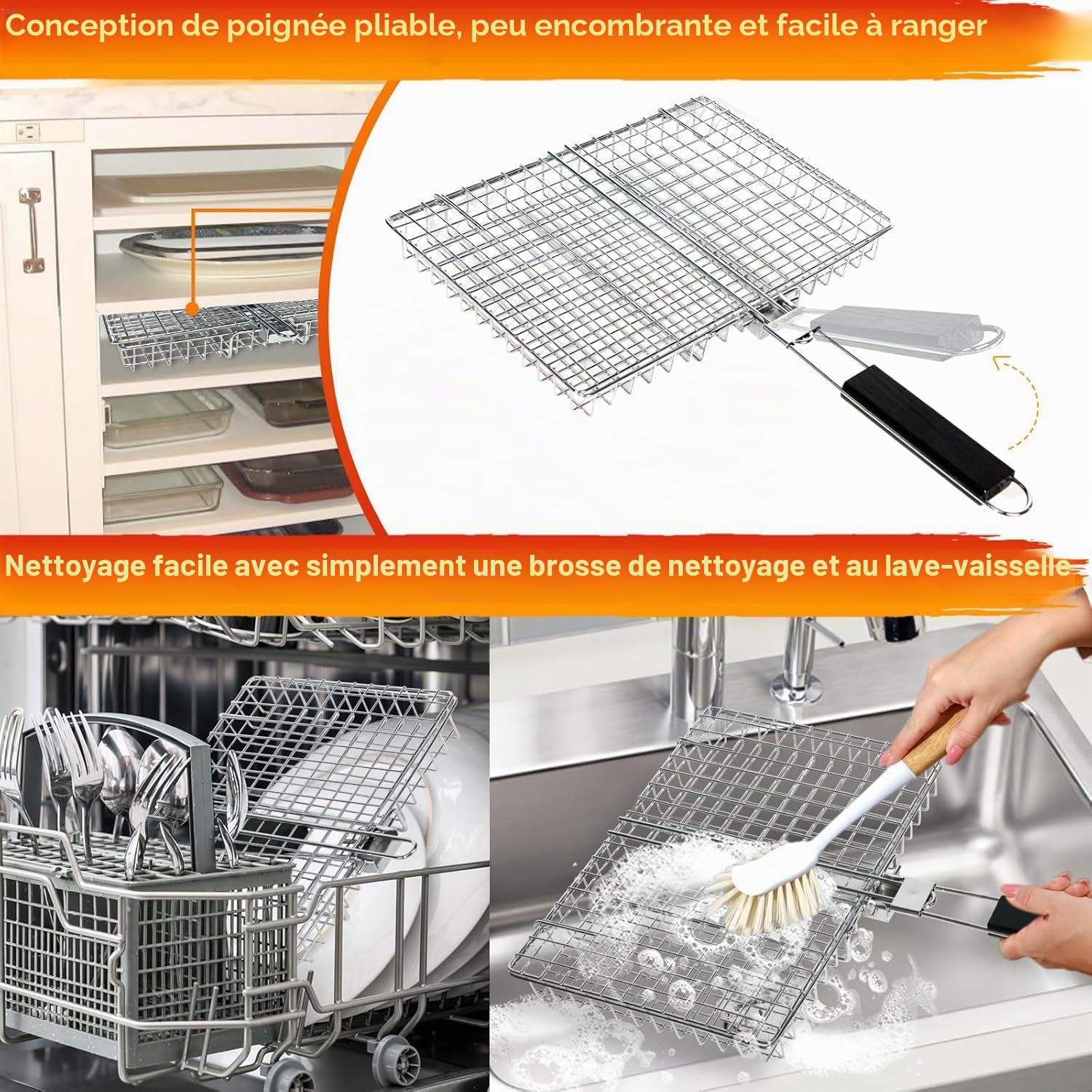 Panier Grille pour Barbecue, Panier à Rôtir à Poisson, Portable, Pliable avec Poignée, Accessoires de Barbecue, Grille de Barbecue Portable pour Poisson Légumes Steak de Crevettes(32 x 22,5 x 4 cm)