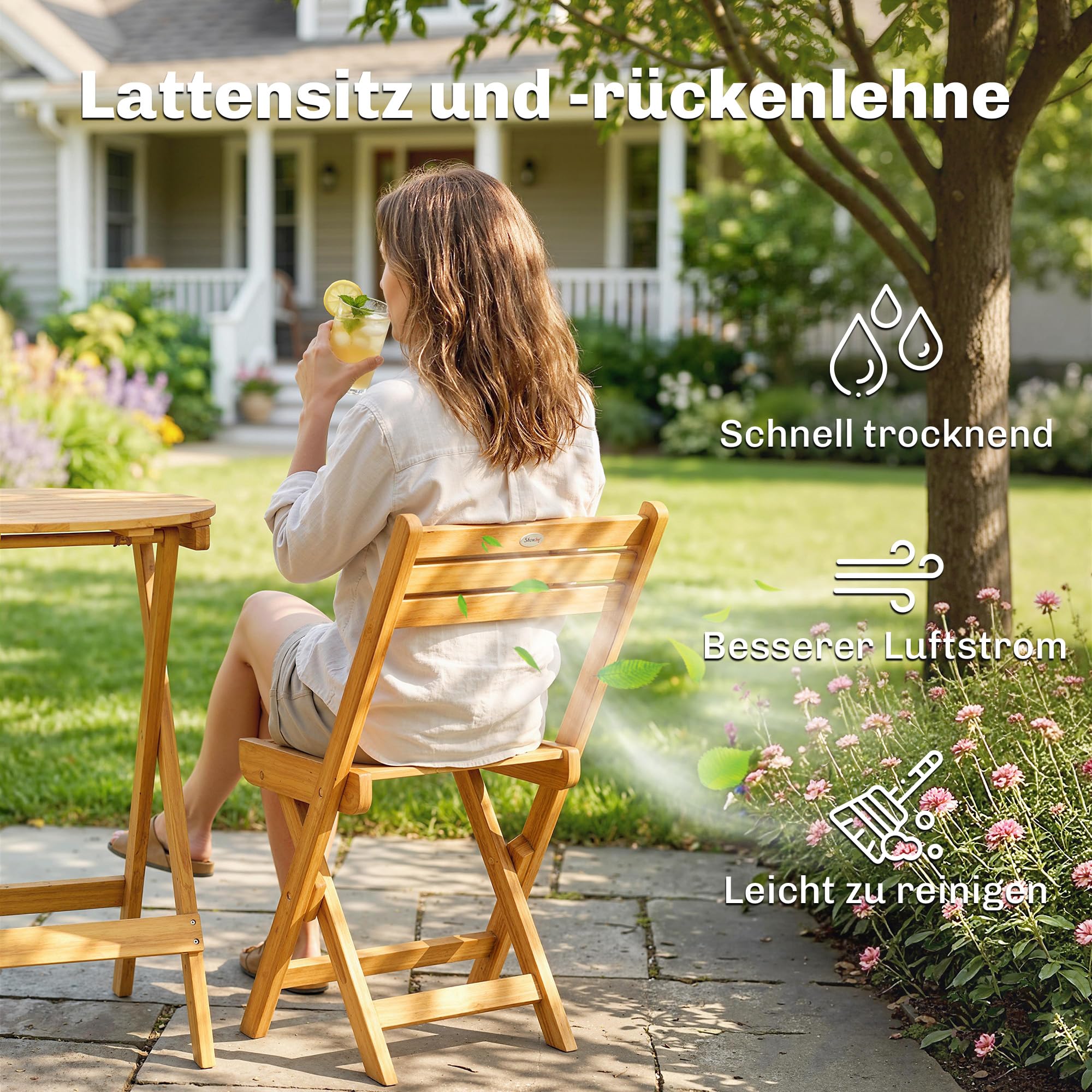 Outsunny Balkonmöbel Set 3 teilig FSC Akazienholz klappbar Gartenmöbel Set mit runder Tisch 2 Stühle Sitzkissen Atmungsaktiv Lamellsitz, Balcony Furniture Sitzgruppe für Garten Balkon Naturholz
