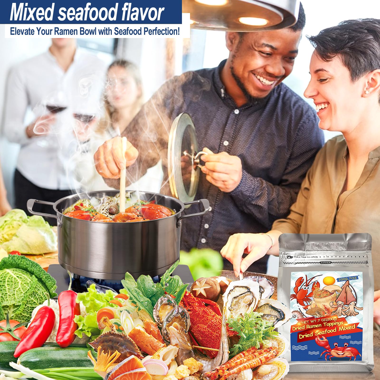 Mixed Dehydrated Freeze-Dried Seafood Ramen Topping, 7 Oz Dried Dehydrated Seafood Ramen Toppings for Ramen Noodles, Soups, Cooking, Emergency Supply, Shrimp, Squid, Imitation Crab, Egg, Narutomaki