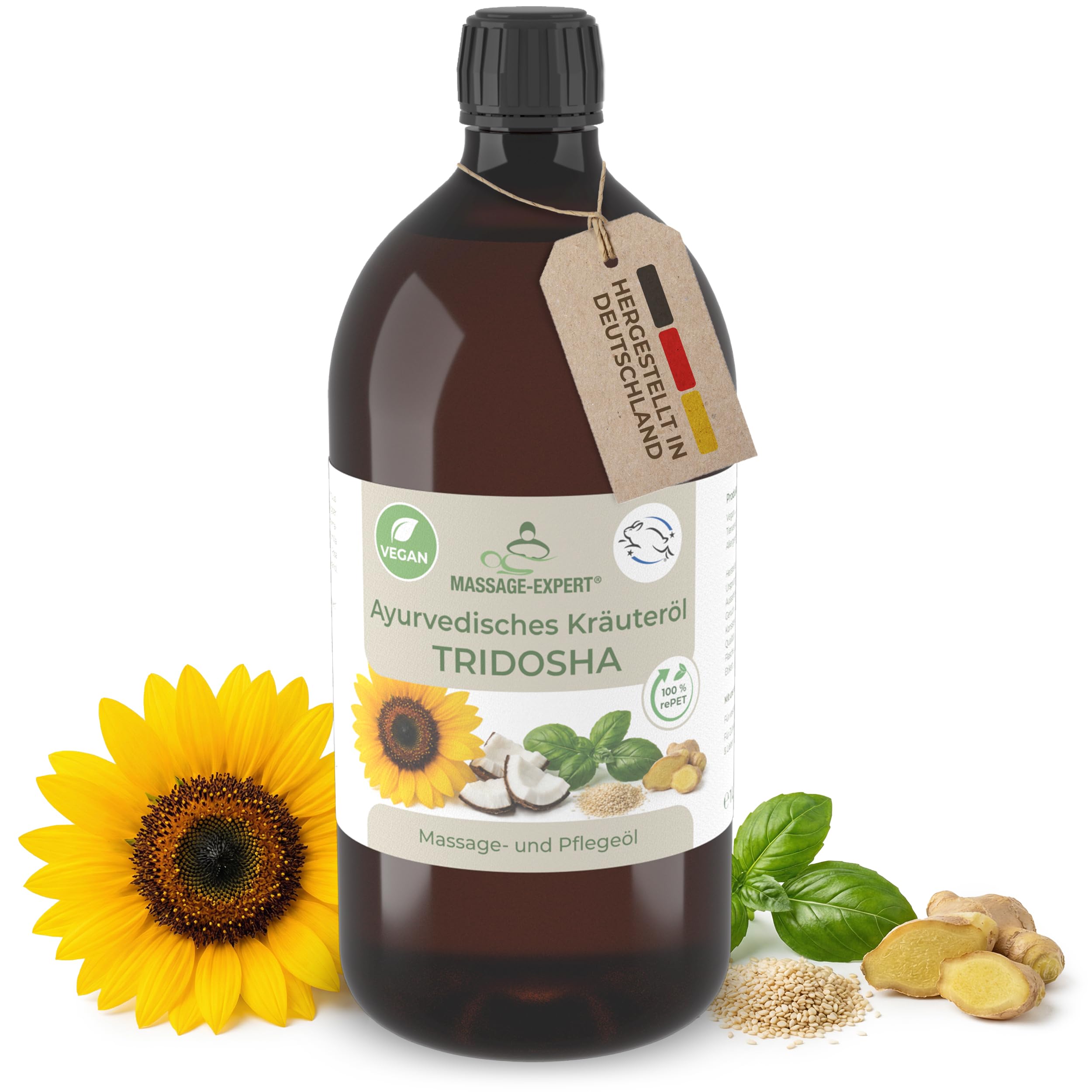 MASSAGE-EXPERT Ayurveda Kräuteröl TRIDOSHA – Natürliche Ölmischung mit Kräuterextrakten für Massage & Pflege (1 Liter rePET-Flasche mit Spritzeinsatz)