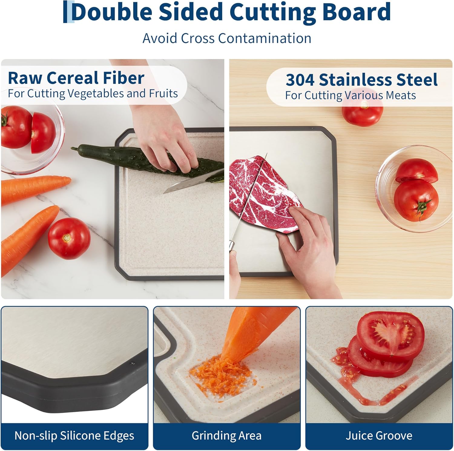 Garvee 304 Stainless Steel Cutting Board for Kitchen, Double Sided Chopping Board with Deep Juice Groove & Handle, Stainless Steel/PP, Dishwasher Safe, 15x10 Inch (Large)