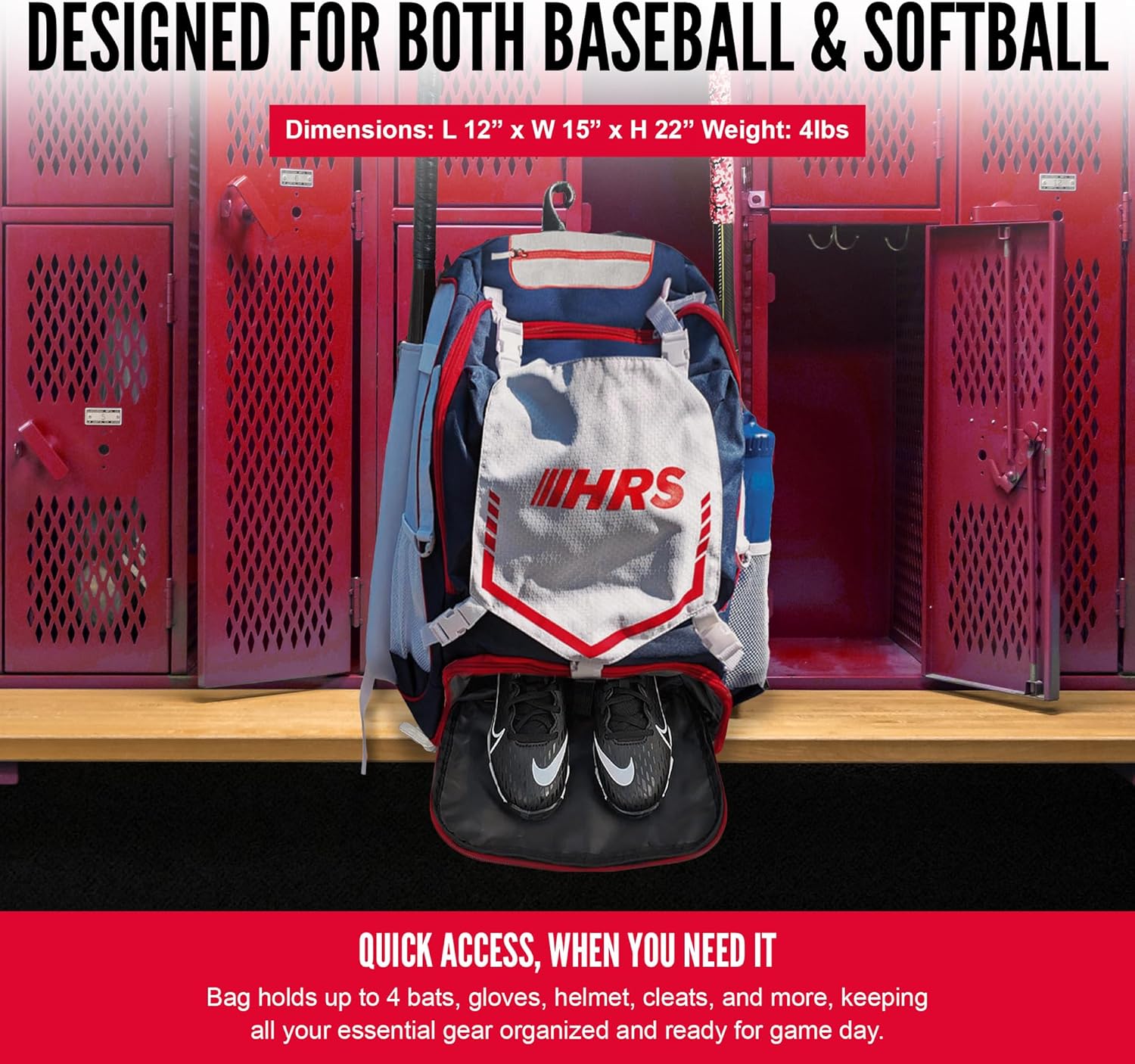 Hit Run Steal Baseball Bag, Softball Bat Bag for Youth & Adult. Holds 4 Bats, Glove, Water Bottle, Shoe Compartment, Helmet, Fence Hook for Equipment & Gear