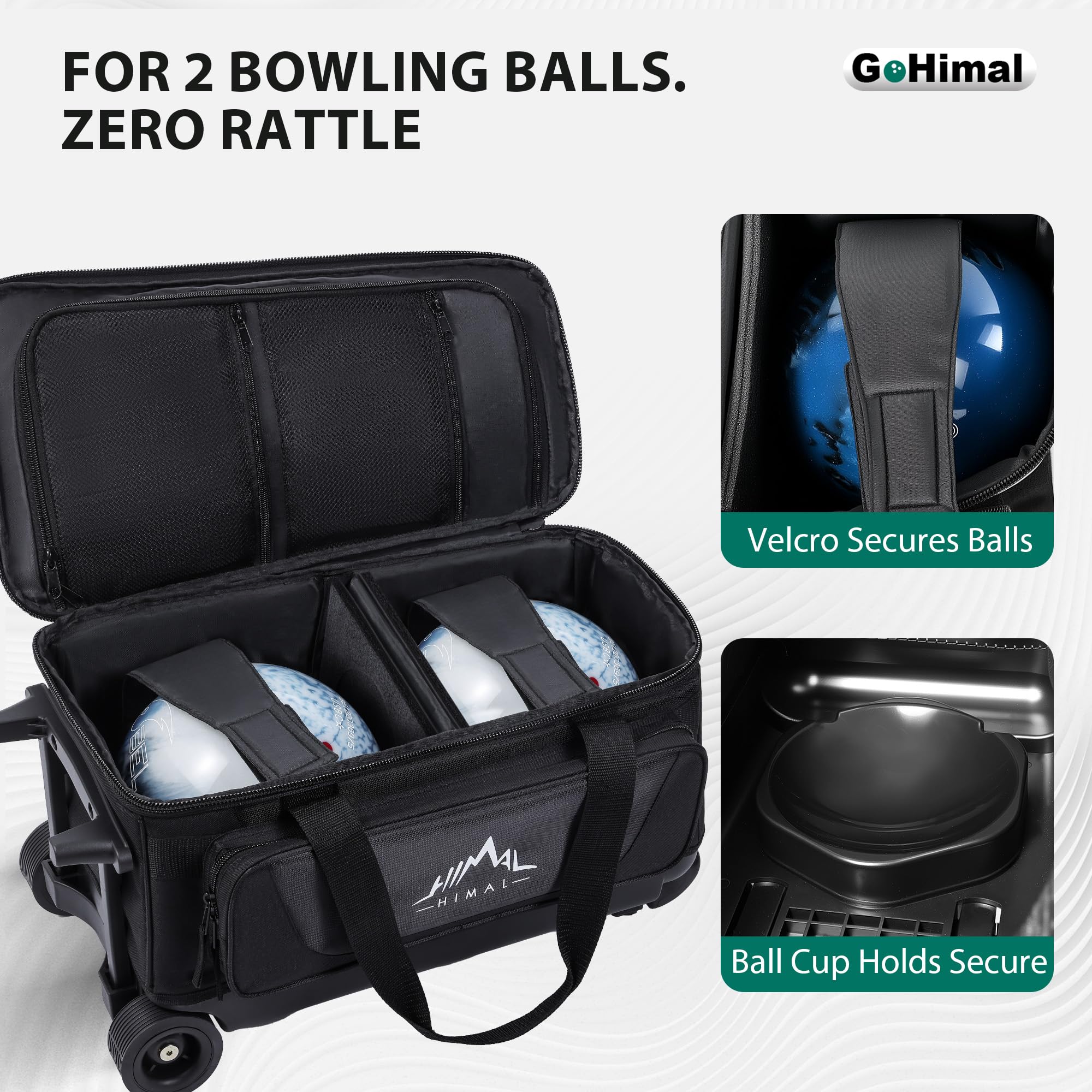 Bowlingtas voor 3 ballen met dubbele wielen, apart schoenenvak (tot maat 16) en extra groot accessoirevak, uitschuifbare handgreep tot 105 cm Zwart Blauw | NL