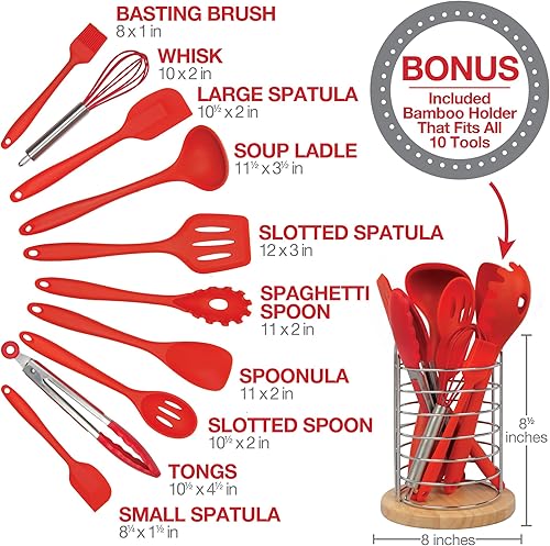 Miniatura 2 de Utensilios de cocina de silicona con soporte de bambú, 10 piezas gourmet antiadherentes, resistentes al calor, juego de herramientas de cocina de