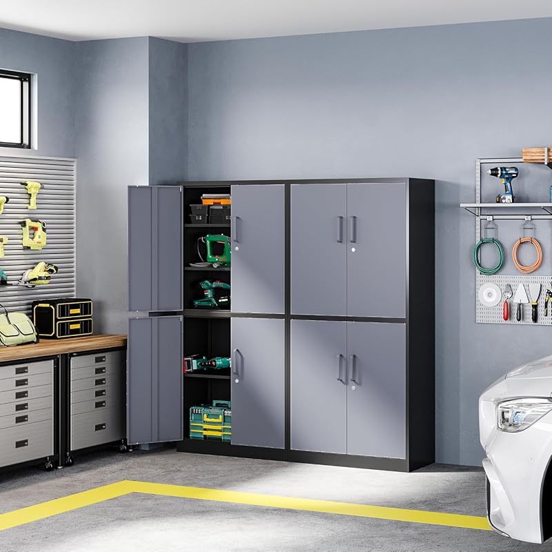 Letaya Metal Storage Cabinets with Lock Door and Shelves, Steel Garage Tool Cabinets for Home,Office, Warehouse,Lockers(71"-Black Gray) 4 Door Black Grey