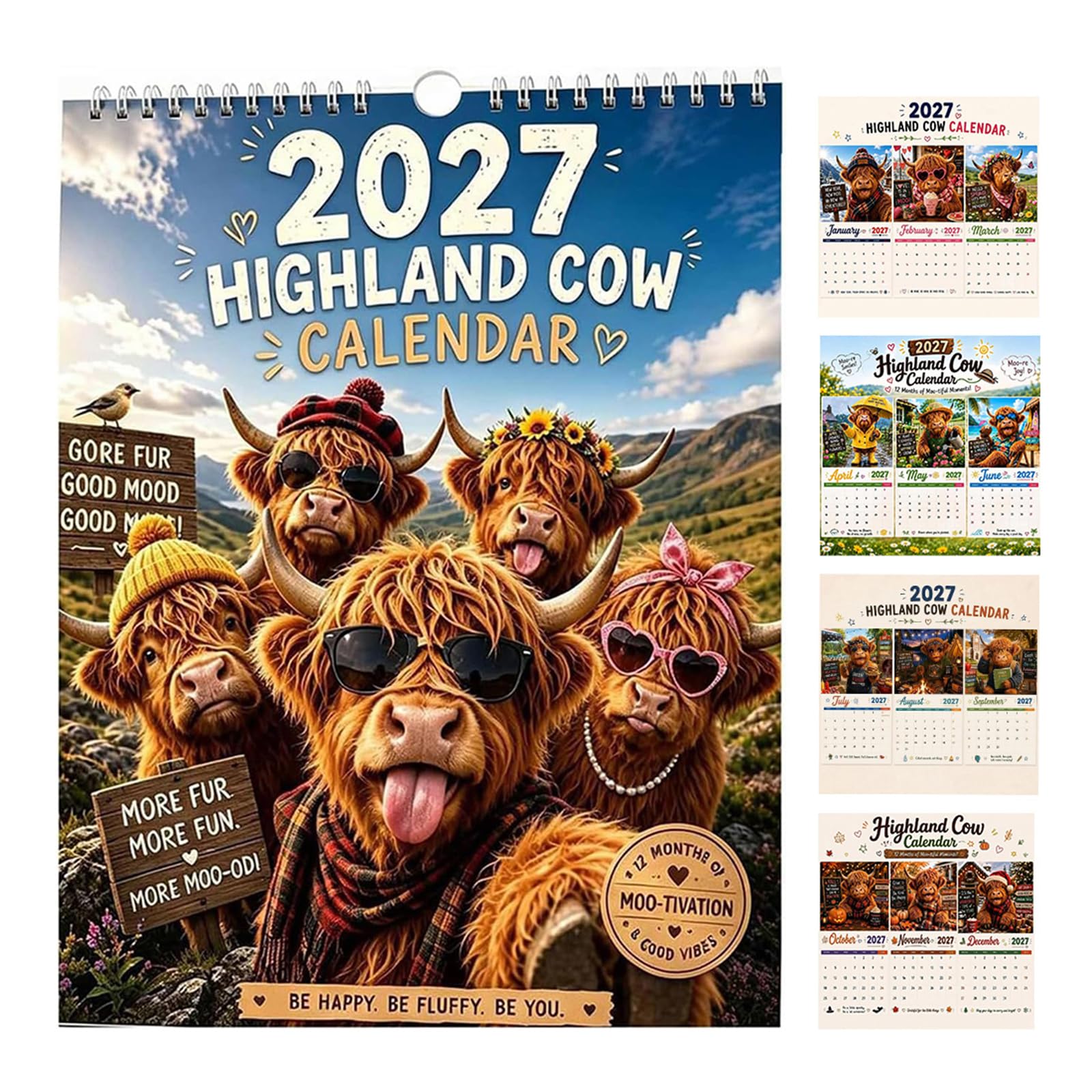 2027 Funny Highland Cow Wall Calendar, A4 Hanging Scottish Cow Calendar, Funny Seasonal Farmhouse Calendar with 12 Unique Highland Cow Illustrations for Home Office Kitchen Décor (Color B)
