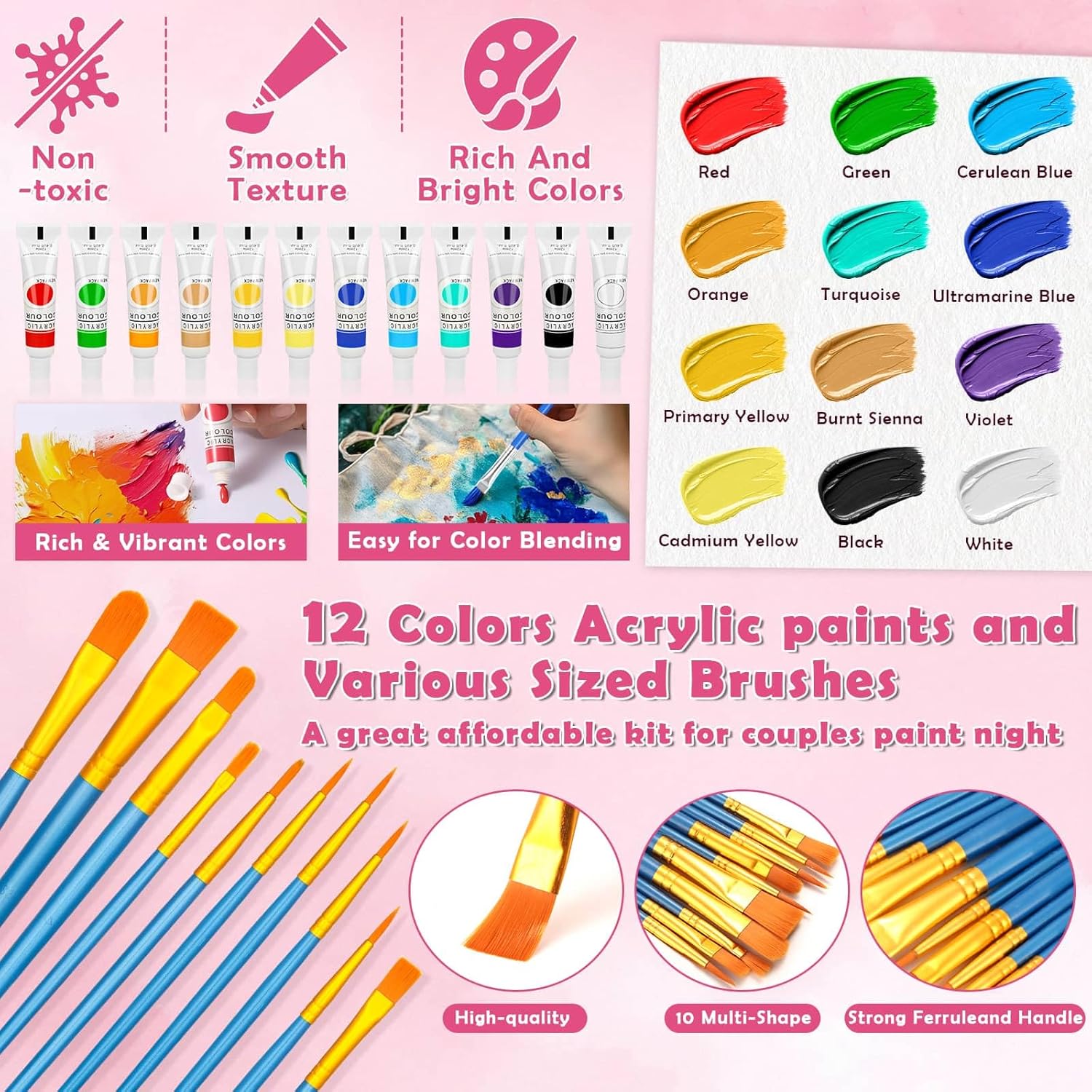 4 Pack Canvas and Easel Set, 8x10 Inch Square& Circular Canvas with Easel Stands, 12 Colors Acrylic Paints, Small Paint Brushes Paint Party Supplies, Sip and Paint Kit for Adults Date Night Couples