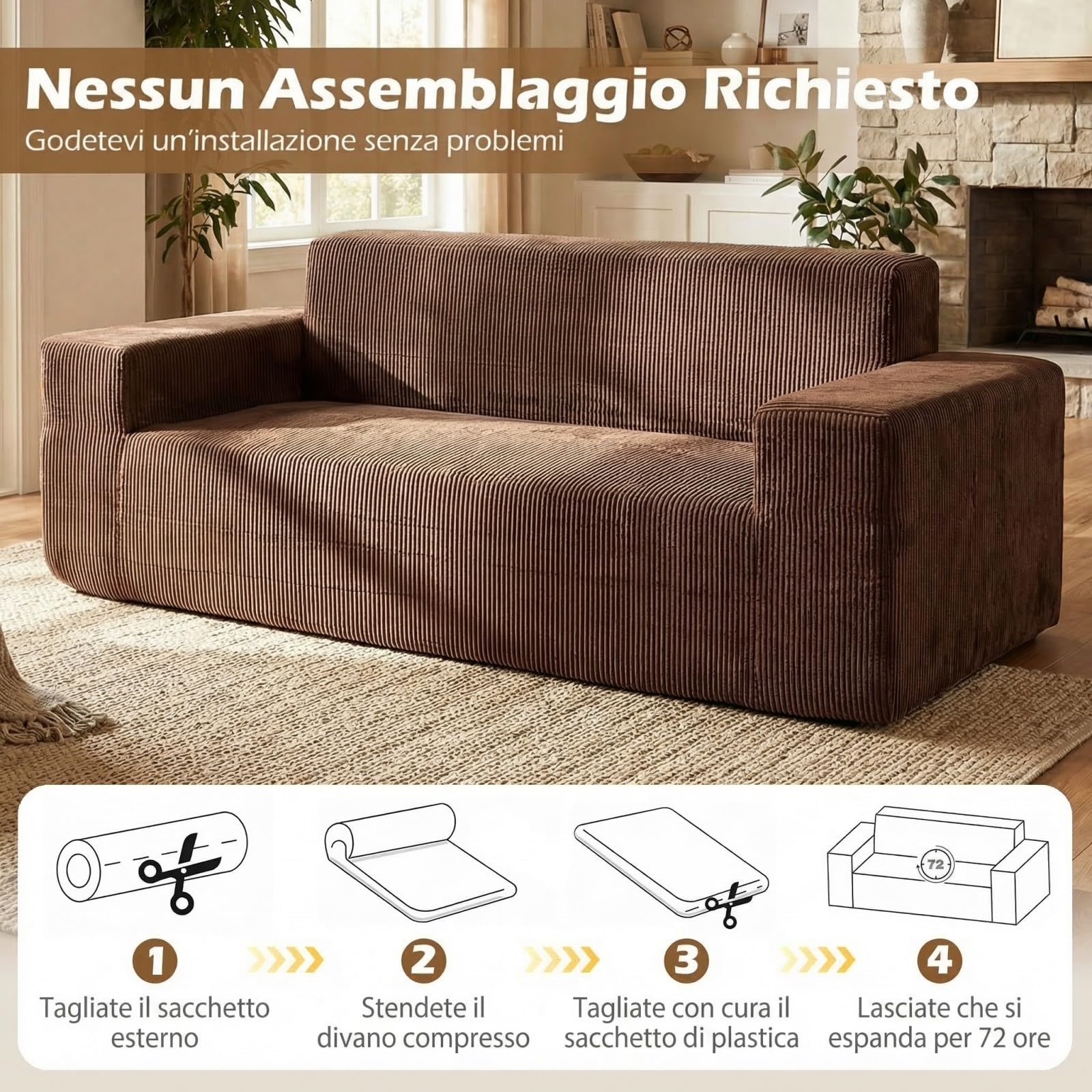 COSTWAY Divano a 3 Posti in Velluto a Coste, Divano Senza Ossatura con Schienale Alto, Braccioli Larghi e Seduta Profonda per Soggiorno, Appartamento e Camera da Letto, 197x97x69 cm