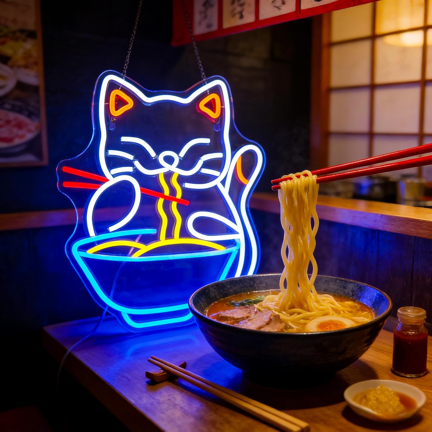 Neon Sign, Cat Ramen Neon Signs for Wall Decor - Dimmable Japanese LED Signs for Home, Restaurant, Kitchen, Party, Bars, Bedroom Decoration - USB Powered Light Up Sign Decorations