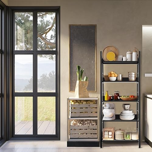 Miniatura 8 de Himimi Estantería de escalera negra, estantería industrial de 5 estantes, estantería industrial de madera y metal, estante de flores para plantas,