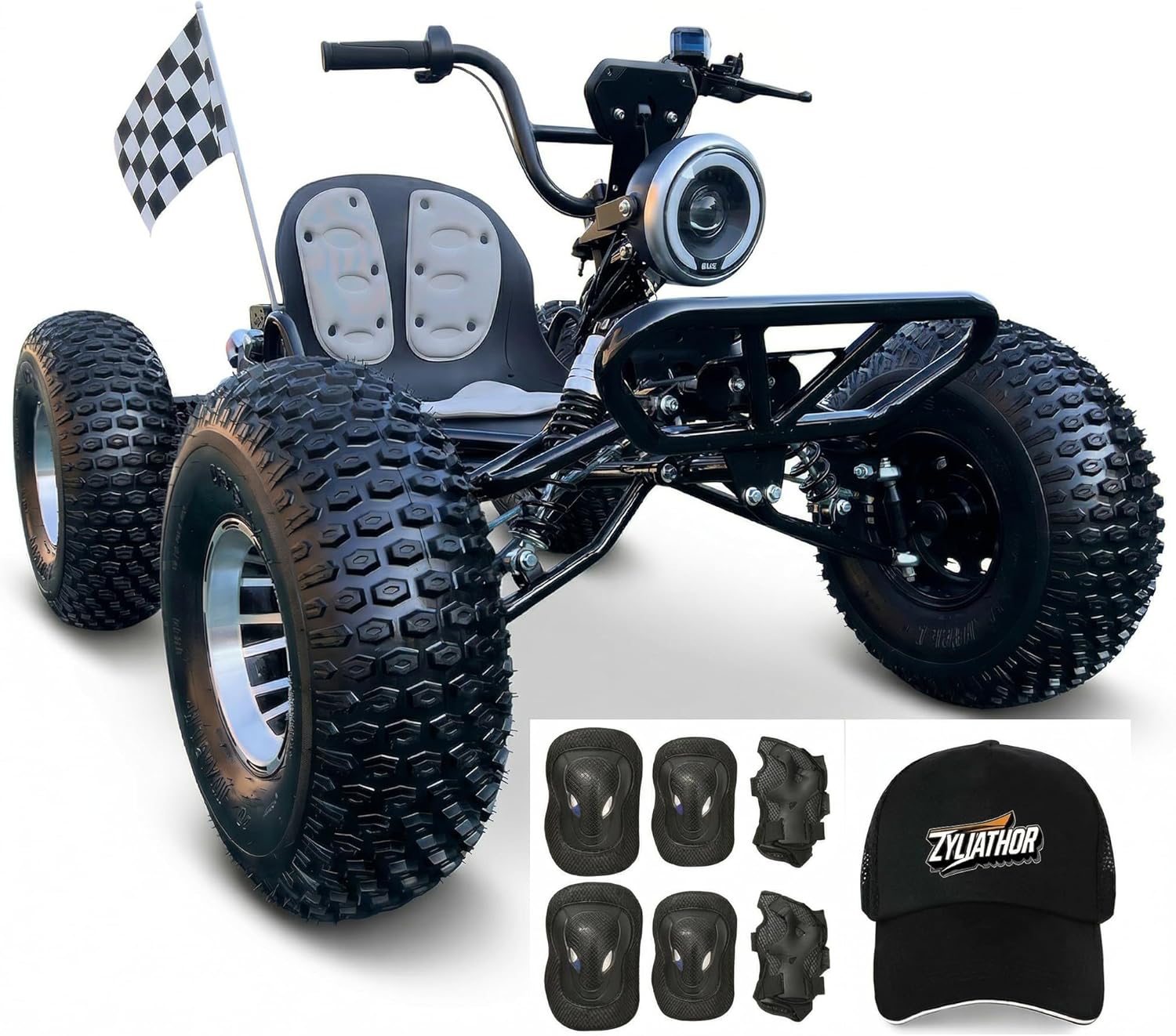 Zyliathor 72V Brushless Electric Off-Road Go Kart, Peak 10.8kW, Up to 62MPH, 37-Mile Range, Shaft Drive Diff, Dual Hydraulic Rear Discs, 19x7-8 Tires, Teens & Adults