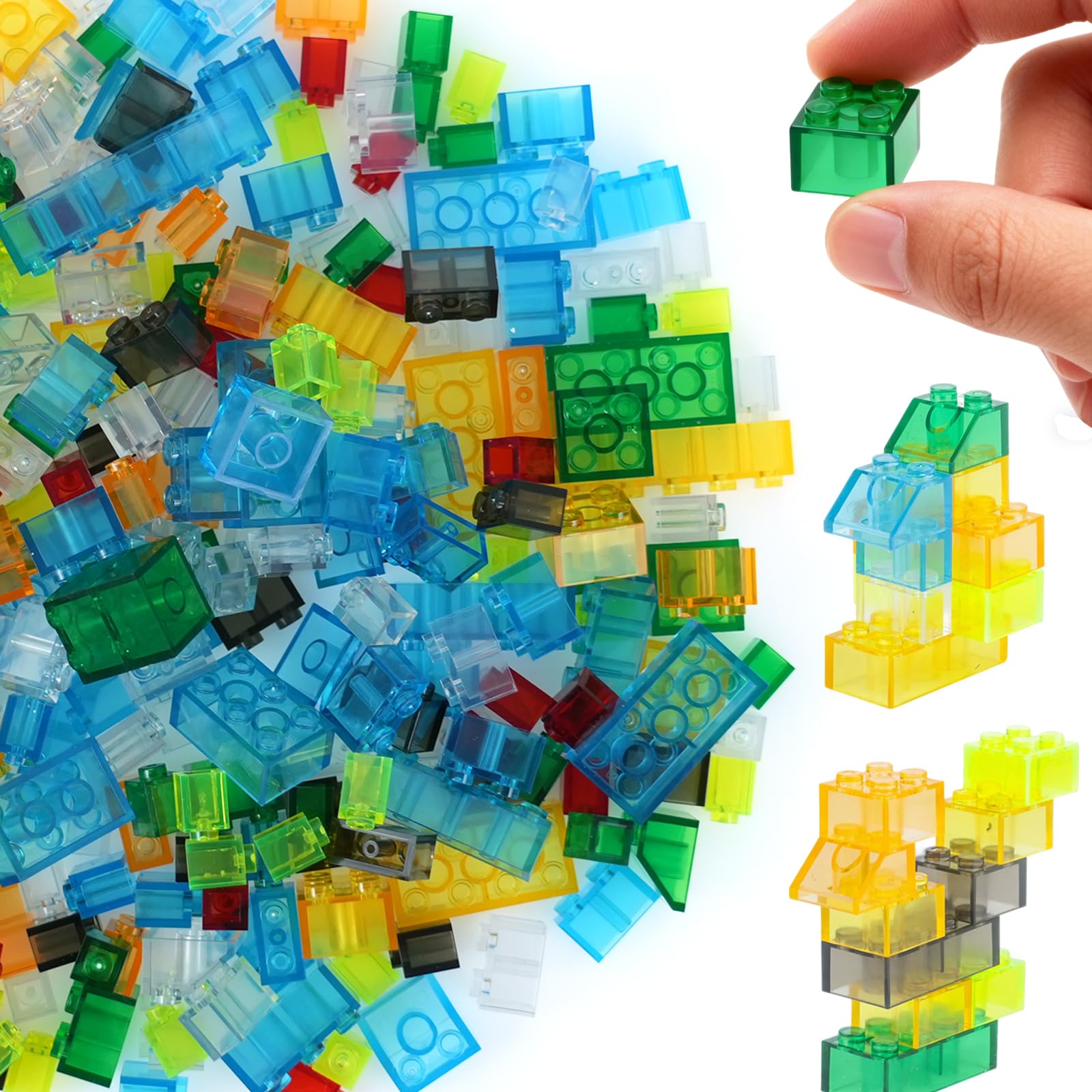 300 Pieces Transparent Clear Bricks Parts Pack, Classic Creative Bulk Blocks Set Blocks in Random Color - Mixed Shape