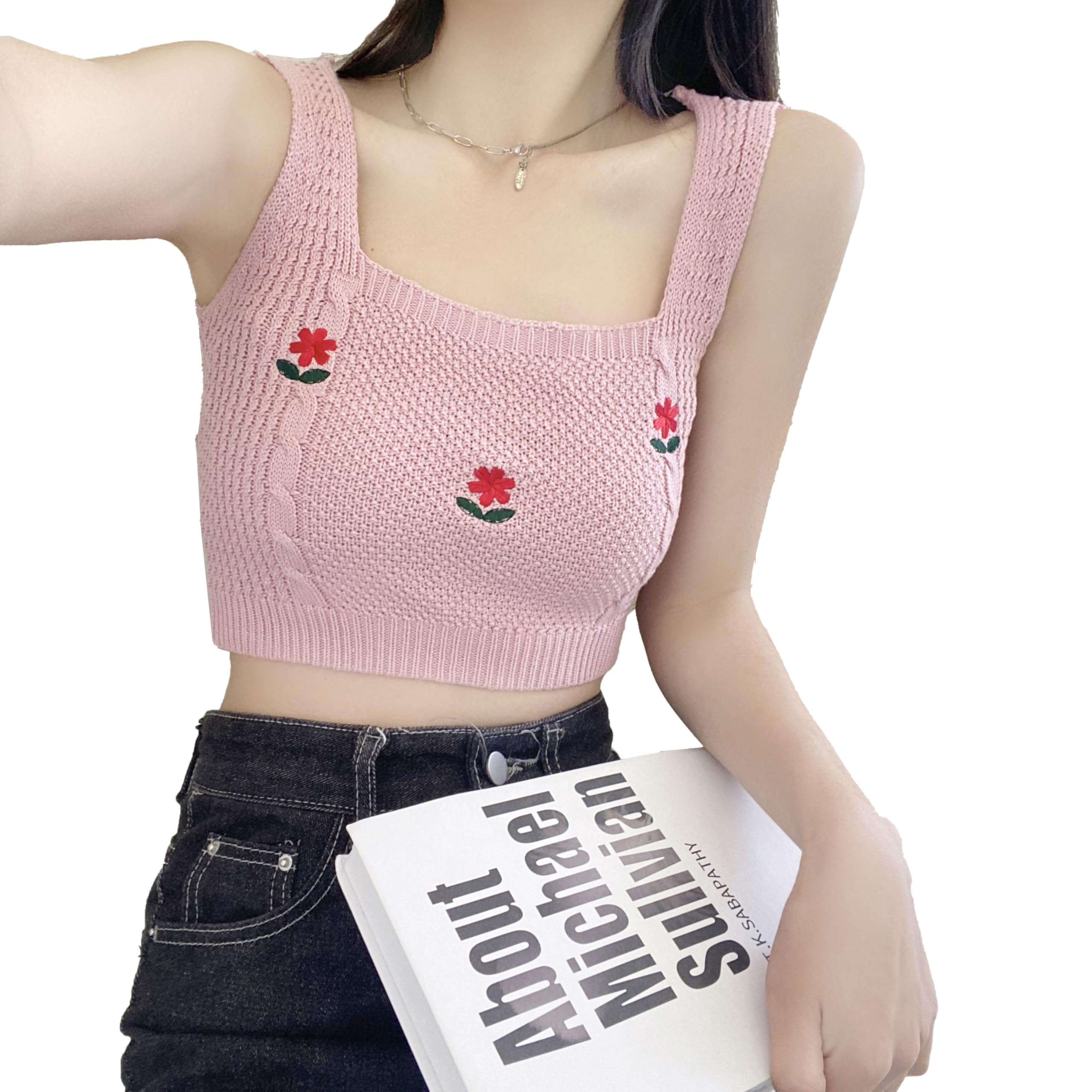 icw Women's Knitted Ribbed Self Design Embroidery Sleeveless Crop Vest Sling Cami Tank Top Dn99-picture-16