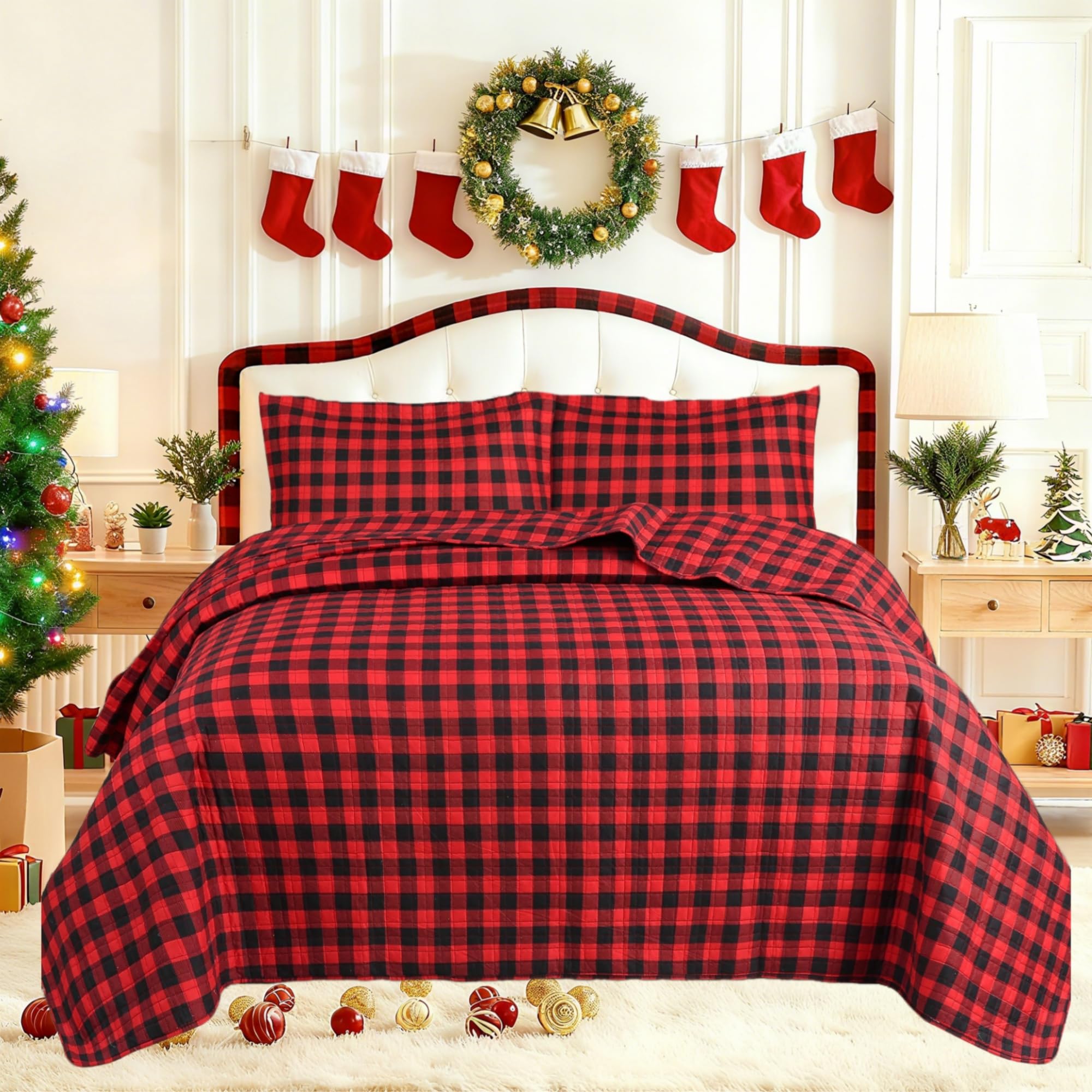 MarCielo 3 Piece Christmas Quilt Set, Rustic Lodge Deer Quilt Bedspread Throw Blanket Lightweight Bedspread Coverlet Comforter Set (Buffalo Red, King)