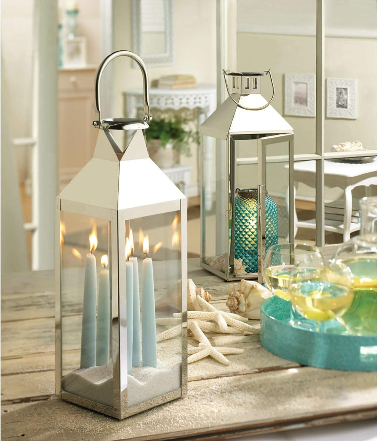 Zingz & Thingz Traditional White Candle Lanterns, Decorative Light Home Decor, 15" Tall, Soho