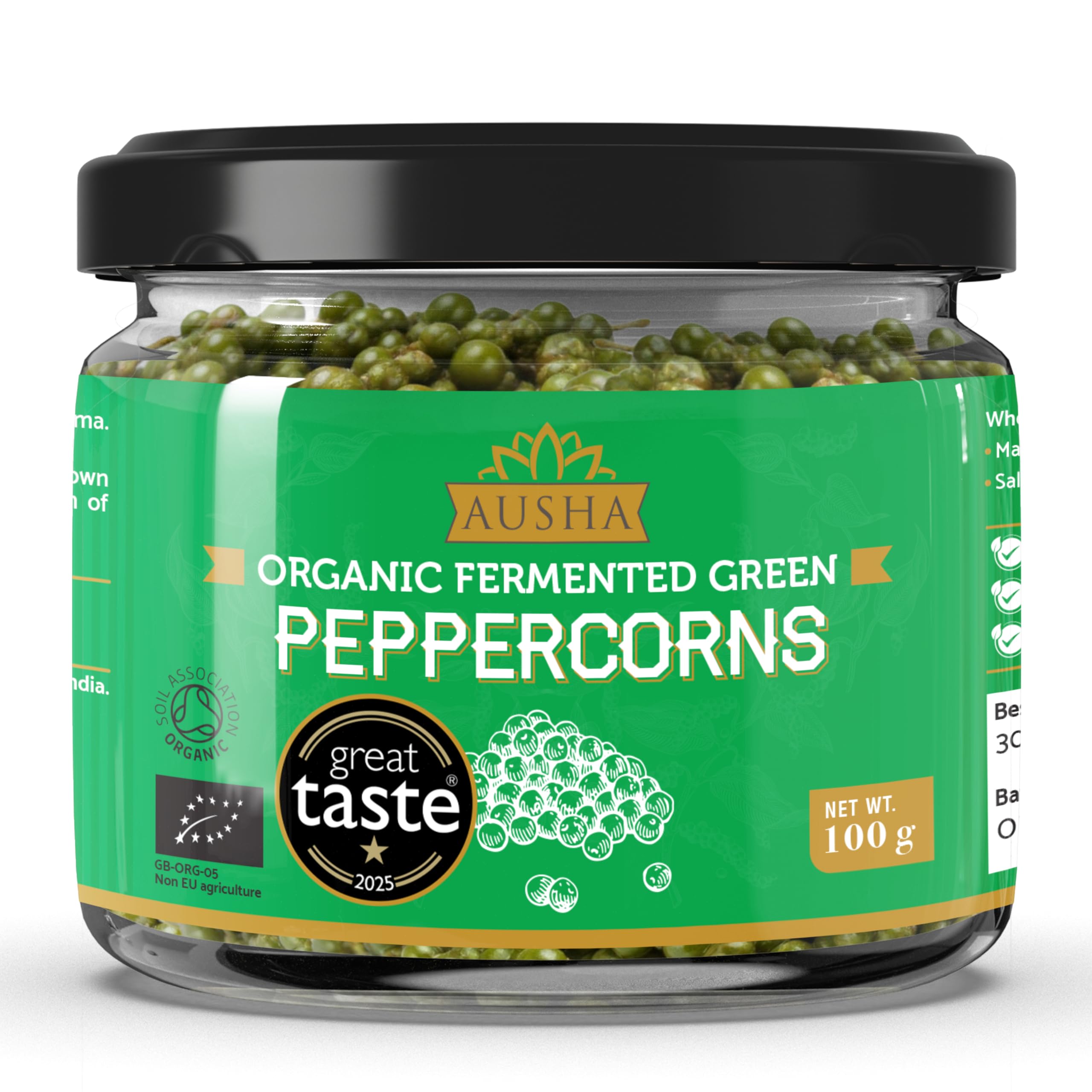 Ausha Organic Green Peppercorns in Brine 100g - Fermented in Turmeric and Amla