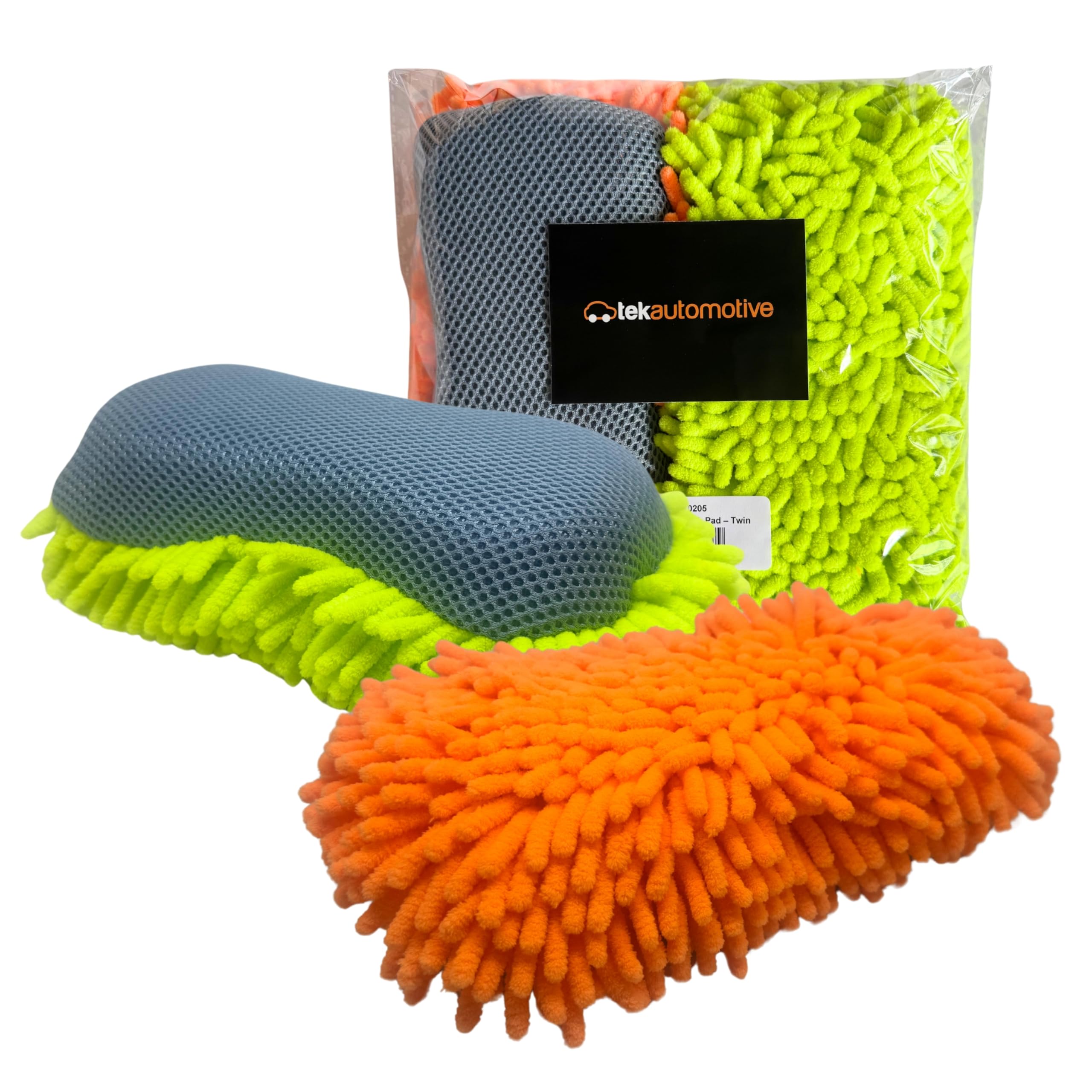 Tek Automotive Orange, Green, Yellow (Colours Will Vary) Twin Pack 2-In-1 Wash Pads – Car Jumbo Microfibre Noodle & Mesh Cleaning Sponges – Large Non Scratch Vehicle Accessories For Washing, Detailing & Bug Removal