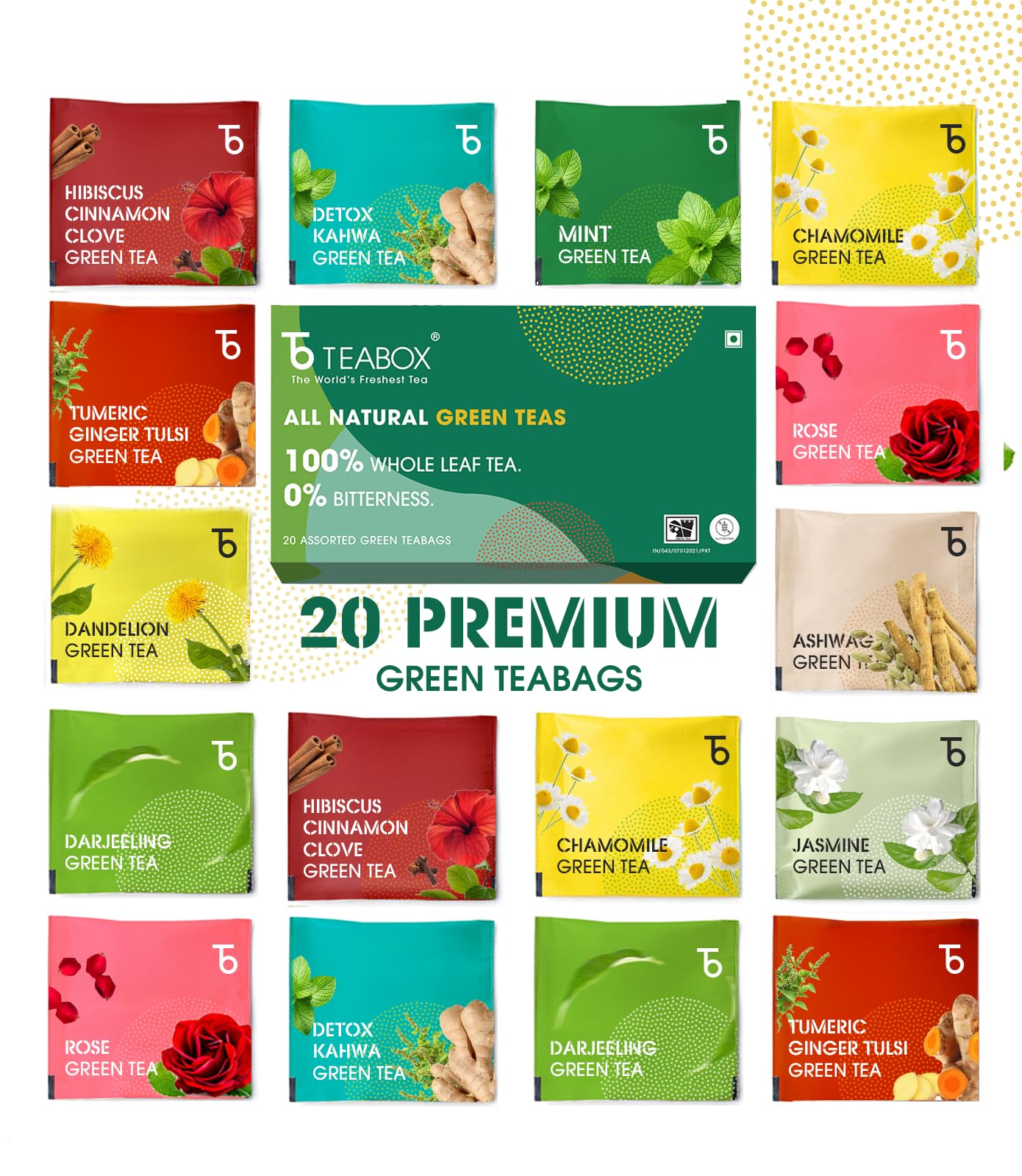 Teabox Wellness Green Tea Sampler Pack - 20 Assorted Tea Bags, 10 Flavors × 2 Each | Whole Leaf, 0% Bitterness | Green Tea Variety Pack for Every Mood