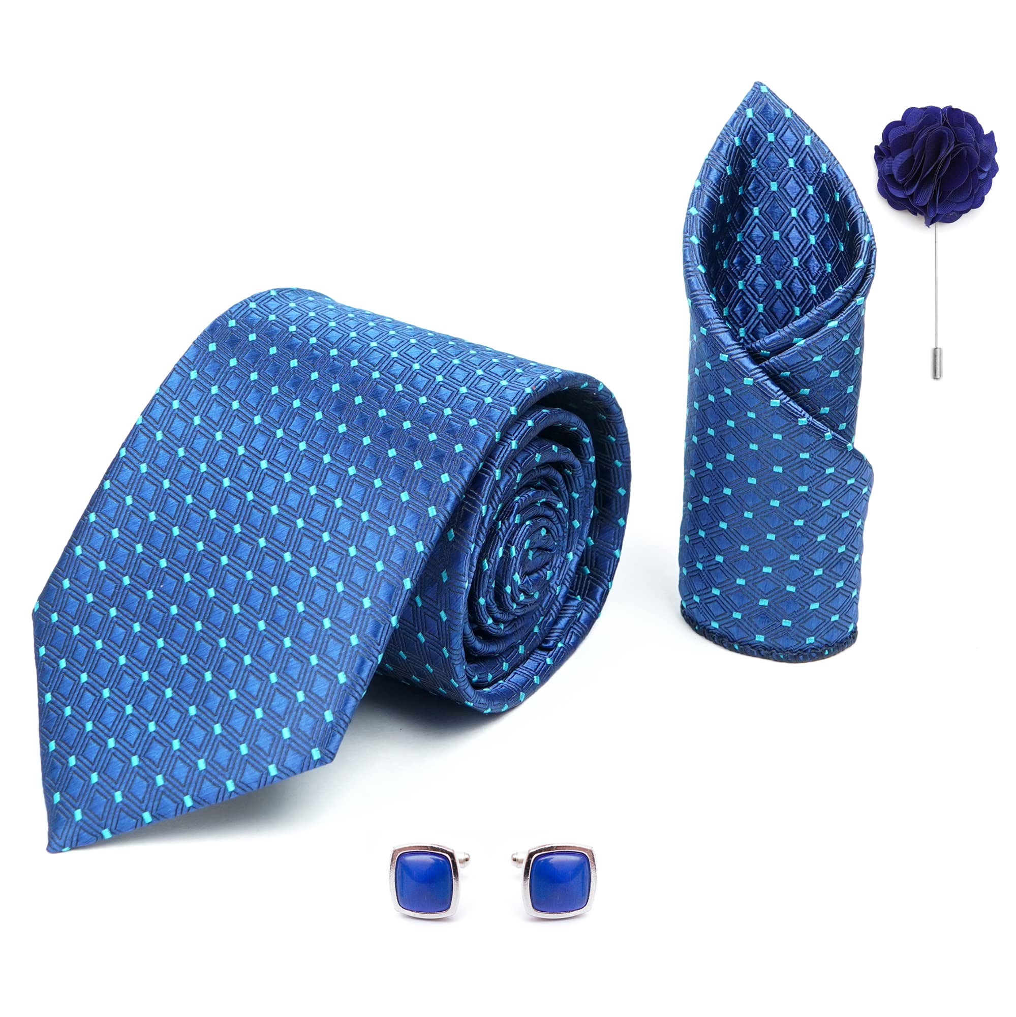 rizoro Mens Plaid Dotted Silk Necktie Gift Set With Pocket Square Cufflinks & Brooch Pin Formal Tie With Men's Gifting Box (Dark Blue A13BLRX Free Size)-picture-39