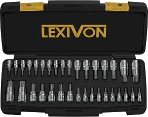 Ensemble de douilles TORX LEXIVON, acier allié S2 de qualité supérieure | Ensemble complet de 34 pièces, étoiles solides et anti-vandales T6 ~ T70 | Boîte de rangement améliorée (LX-149)
