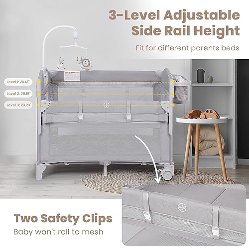 Miniatura 3 de Baby Bassinets Bedside Sleeper, 4 in 1 Portable Bedside Crib w/Mattress, Diaper Changer, Storage Basket, Music Box, Carry Bag, Foldable Playard