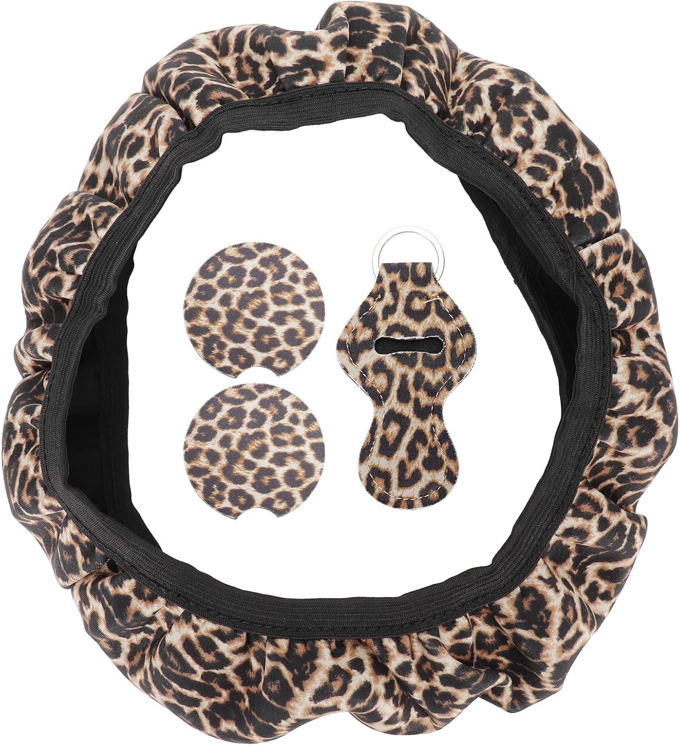 4Pcs Car Accessories Set, Steering Wheel Cover Keyring Cup Coasters for Car SUV Off Road Light Trucks