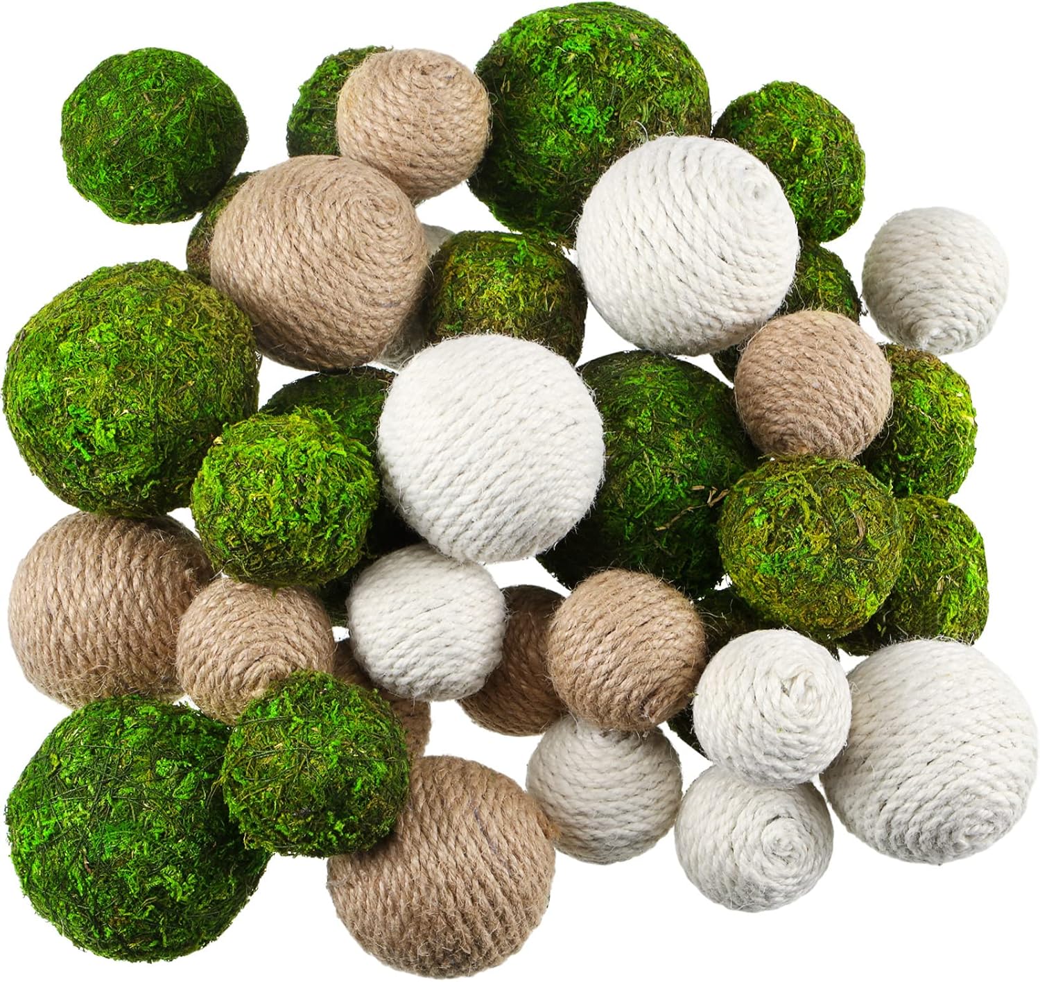 Yunsailing 36 Pcs Moss Decorative Balls for Centerpiece Bowls and Handmade Twine Balls Vase Bowl Filler for Garden Wedding Home Table Decoration, 4 Sizes