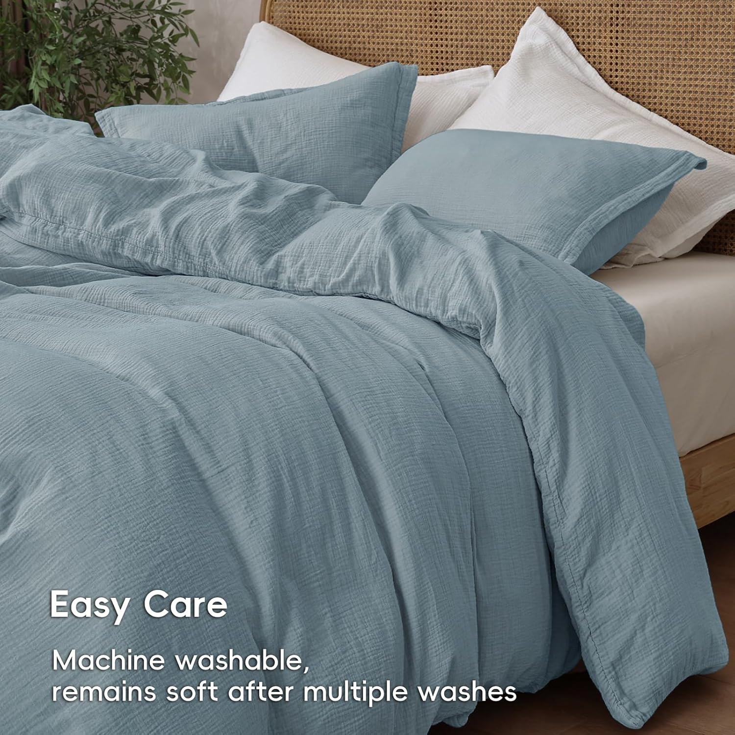 PHF 100% Natural Cotton Muslin Duvet Cover Set Queen Size, Ultra Soft Breathable Absorbent, Luxurious Minimalist Gauze Bedding for All Season, Duvet Set with 2 Pillow Shams, 90" x 90", Dusty Blue