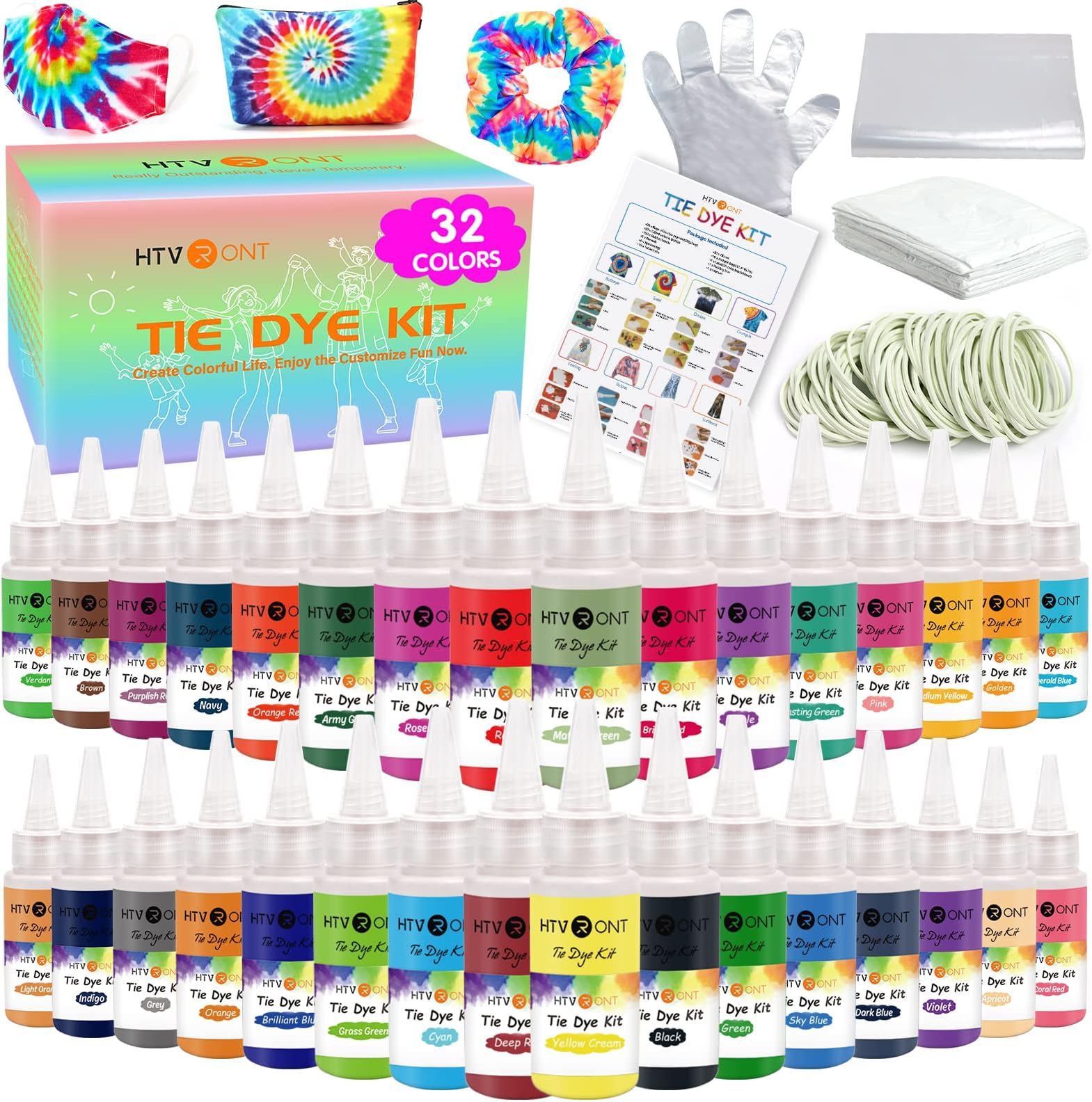 HTVRONT Tie Dye Kit - 32 Vibrant Colors Pre-Filled Bottles Tyedyedye Kit, Permanent Non-Toxic for Large Groups Kids Adults,Tye Fabric Textile Handmade Party(Just Add Water)