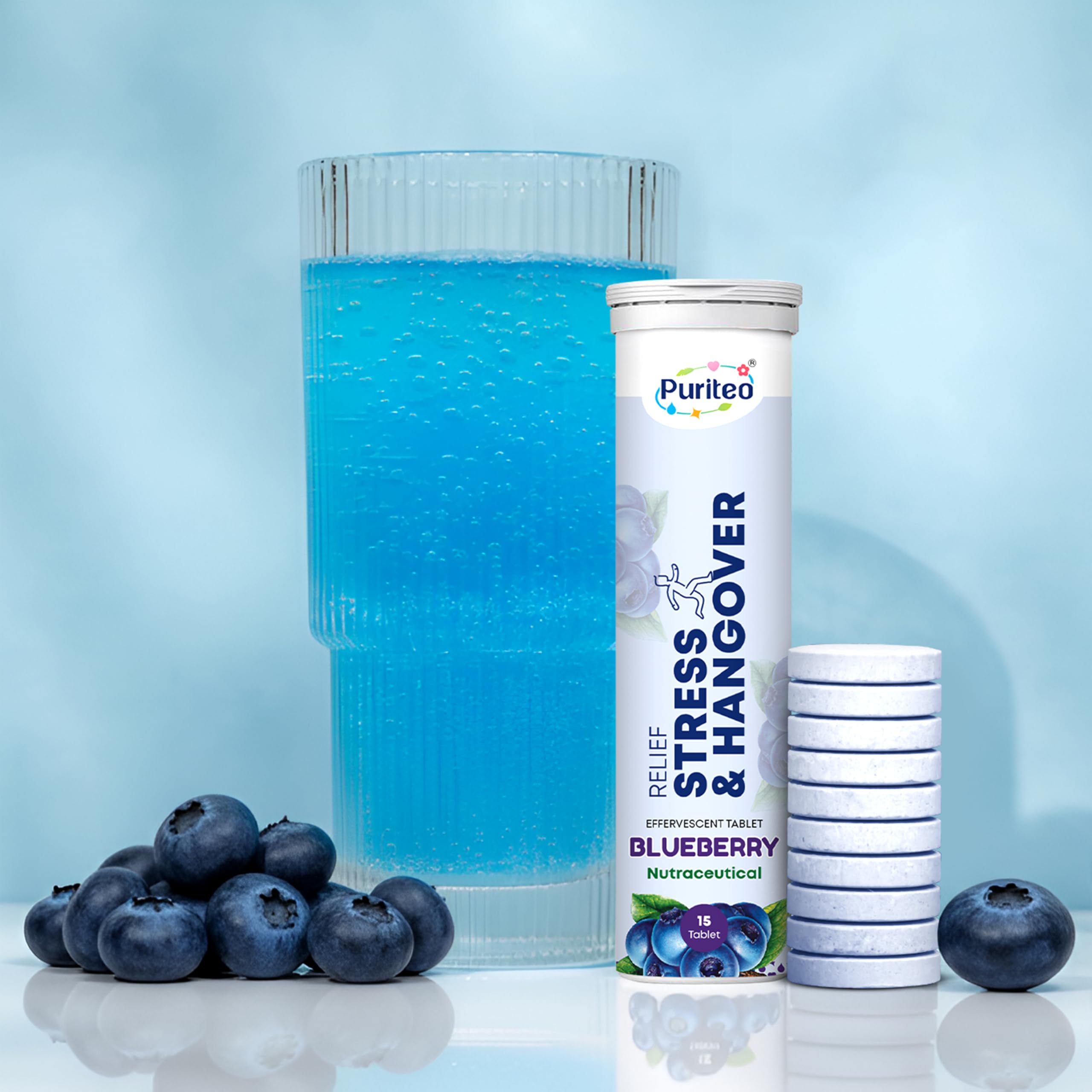 Puriteo Stress & Hangover Relief Effervescent Tablets - After Party & Nightout Cure | Instant Hangover Relief | Improves Gut Health and Reduces Stress | Rapid Hydration & Boost Energy | Natural Ingredients & Zero Free - Blueberry Flavour (Pack of 1) - Image 7 thumbnail
