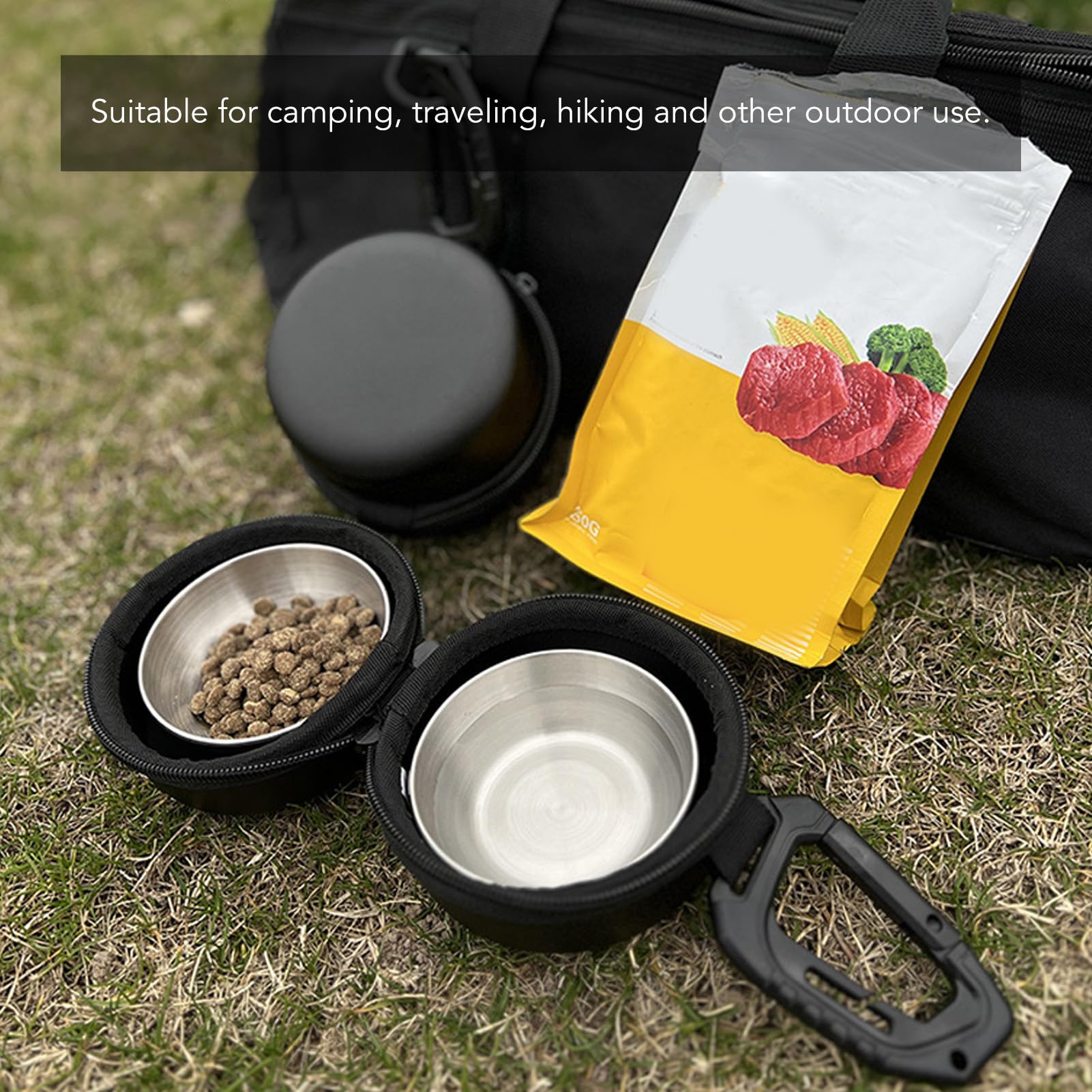 Double Dog Bowls with Bag - Stainless Steel Pet Food Water Bowls with EVA Hanging Storage Bag for Outdoors Travel Camping