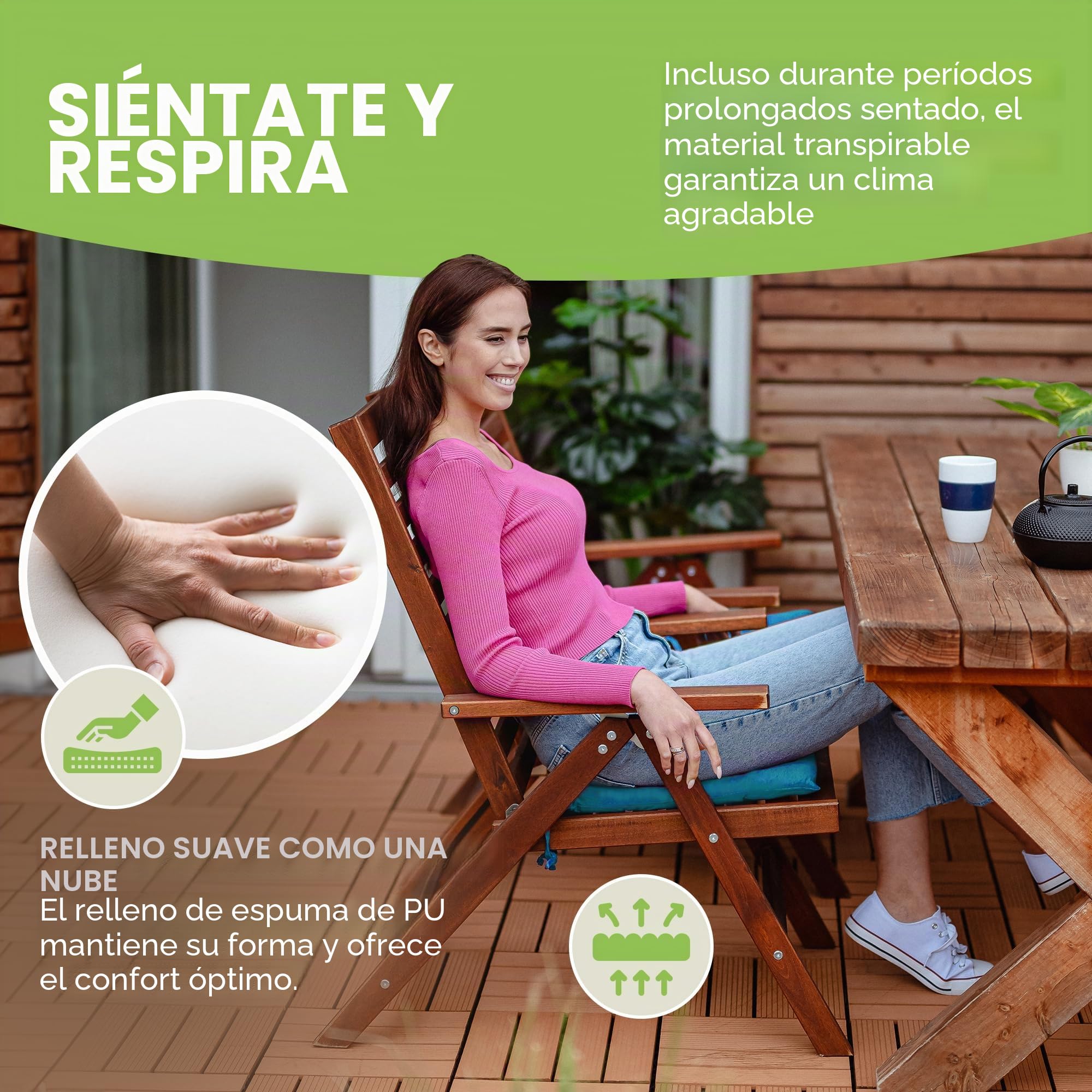 Gräfenstayn® Juego de 4 Cojines 40x40x3cm con Correas de sujeción para Interior y Exterior con Junta Oeko-Tex - (Turquesa)