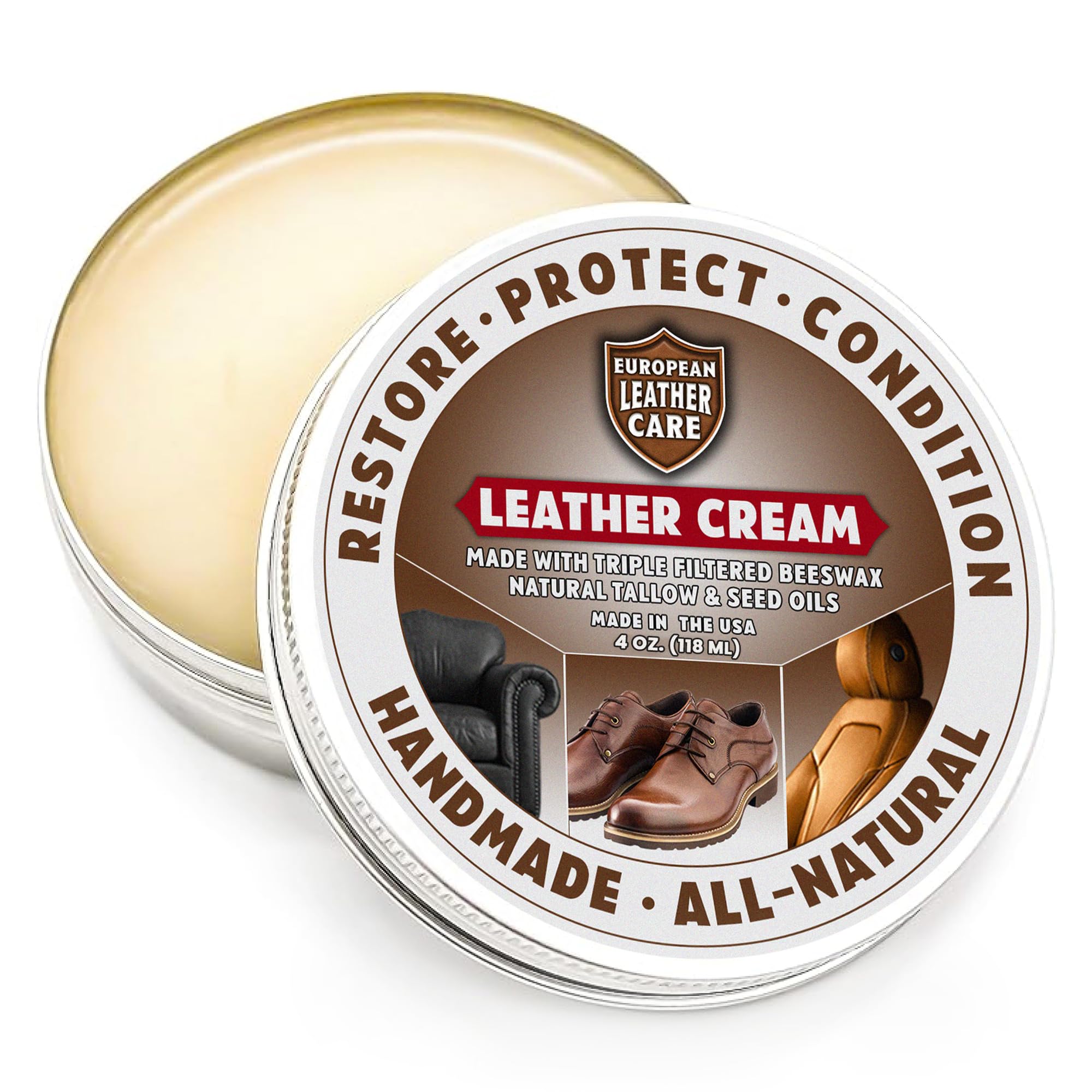 European Leather Care 4 oz Cream Leather Cleaner and Conditioner All Natural Leather Boots Leather Maintenance Cream Leather Conditioner Shoe Polish, Leather Couch, Furniture, Purses, Car, Saddle USA
