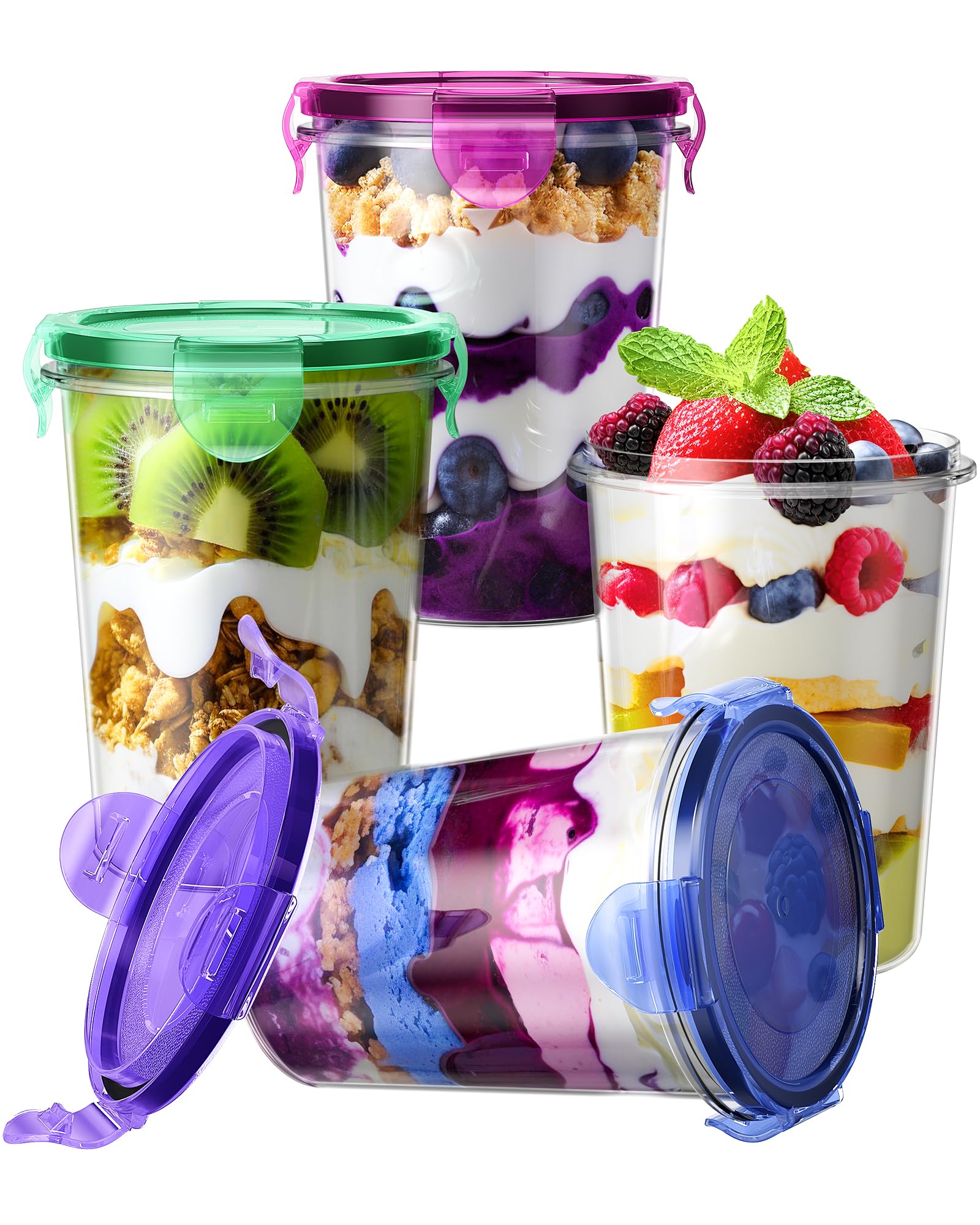 4 Pcs Overnight Oats Containers with Lids, 16 oz Airtight Oats Jars, BPA Free Plastic, Reusable, Portable Meal Prep Containers Sets for Oatmeal, Yogurt, Cereal, Soup, Snacks, Milk and More