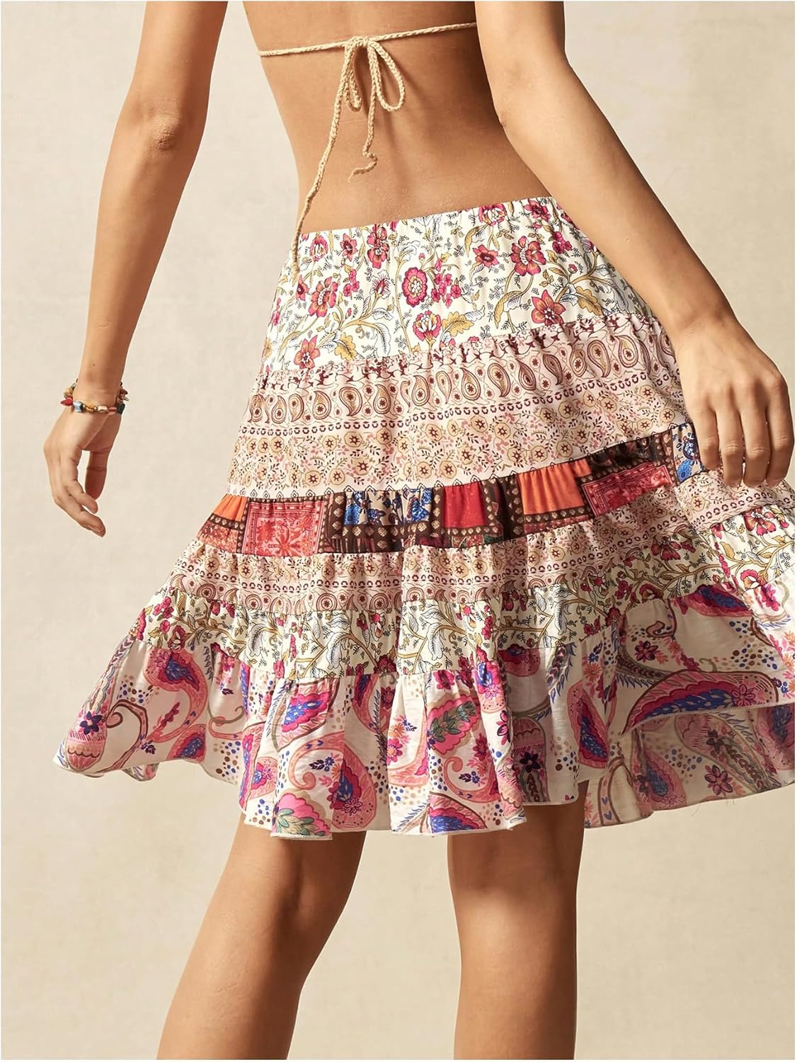 Women's Boho Paisley Short Skirt Tie Knot Flowy Summer Vacation A Line Skirt - Image 2