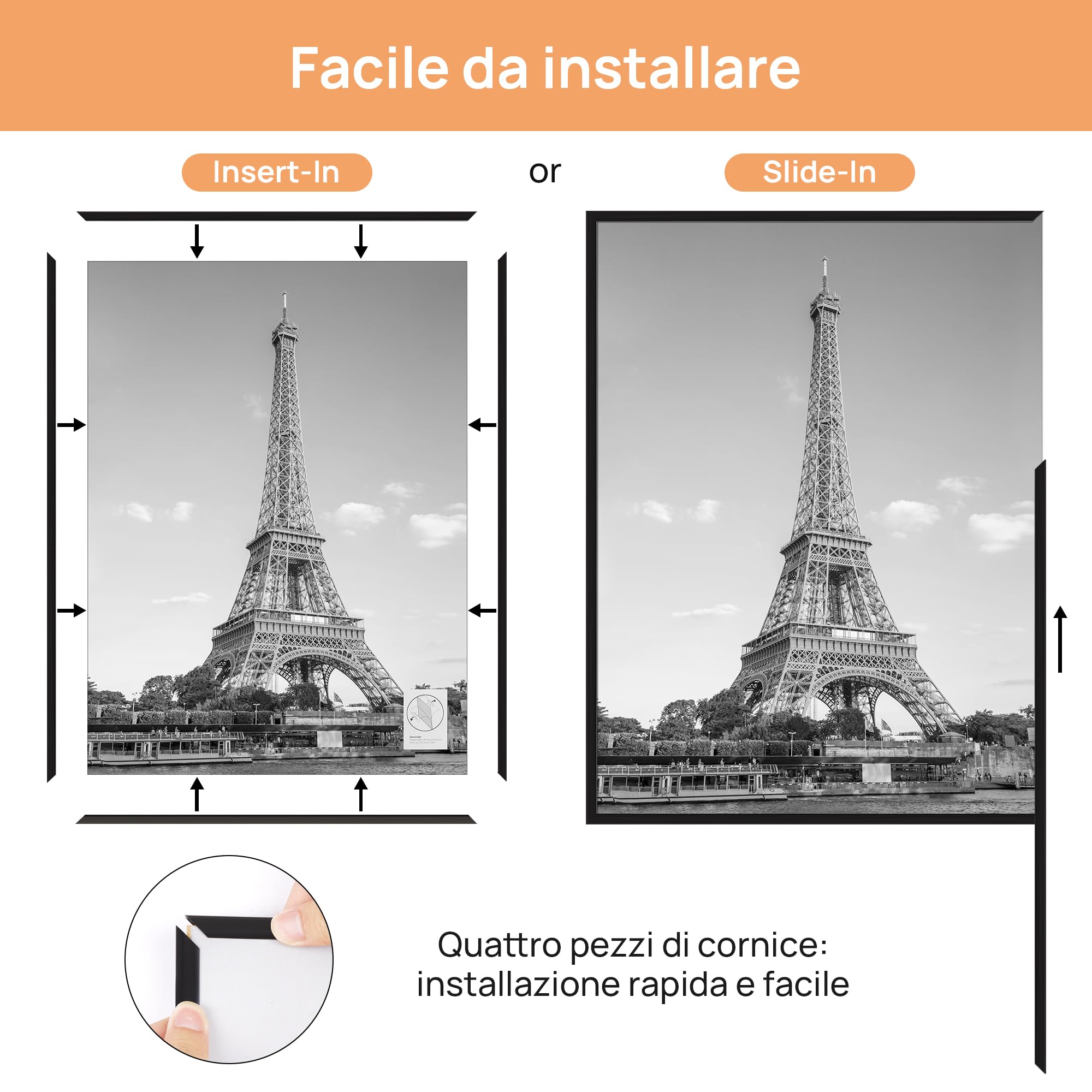 upsimples Confezione da 3 Cornice 50 x 70 cm, Cornici 50x70 Nero, Montaggio a Parete Orizzontale o Verticale con Strisce Scorrevoli, Per Galleria Fotografica