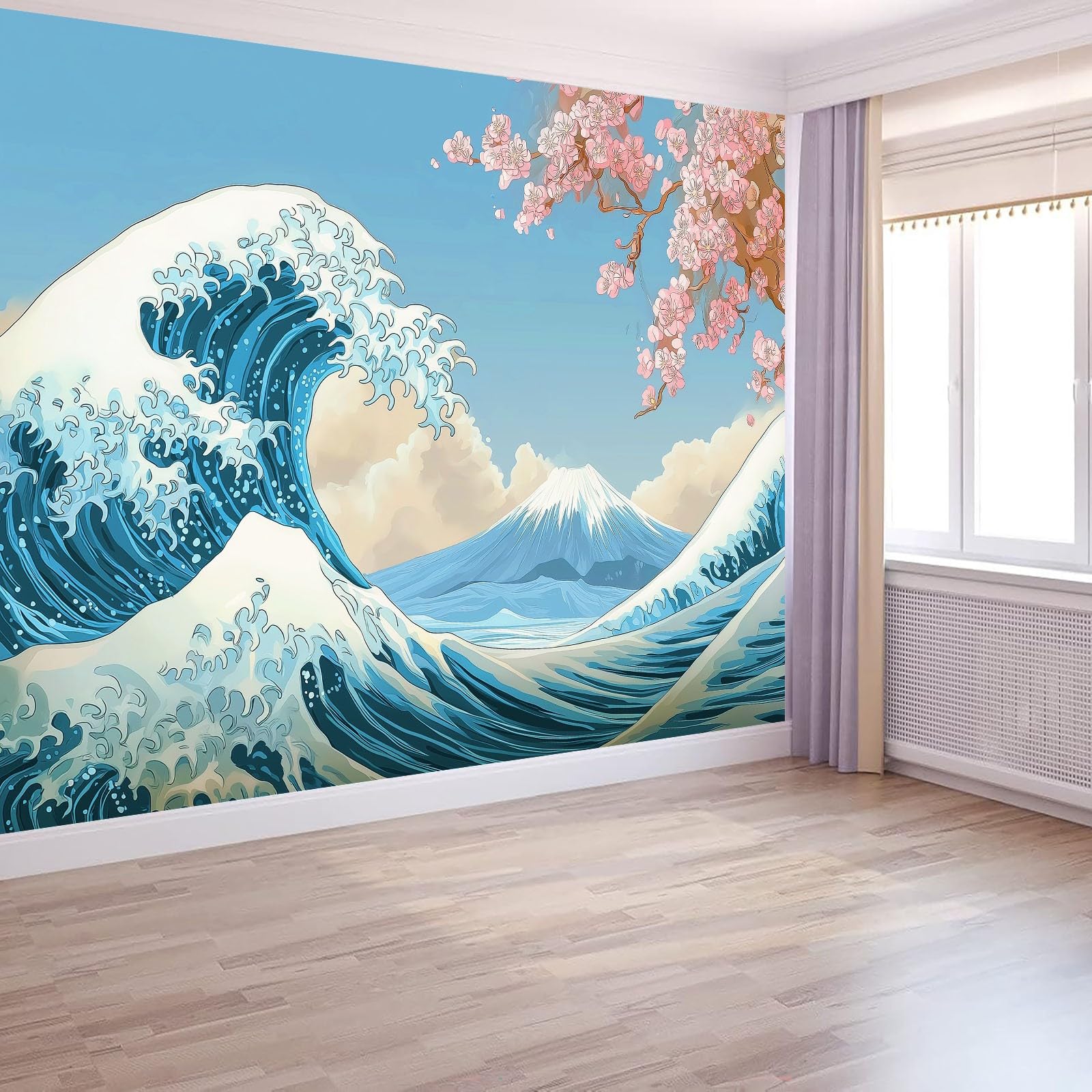 Tapeta samoprzylepna na ścianę w stylu japońskim, 400 x 280 cm granatowa tapeta z kreskówkowym kwiatem wiśni góra Fuji druk folia samoprzylepna do mebli do sypialni salonu łazienki kuchni