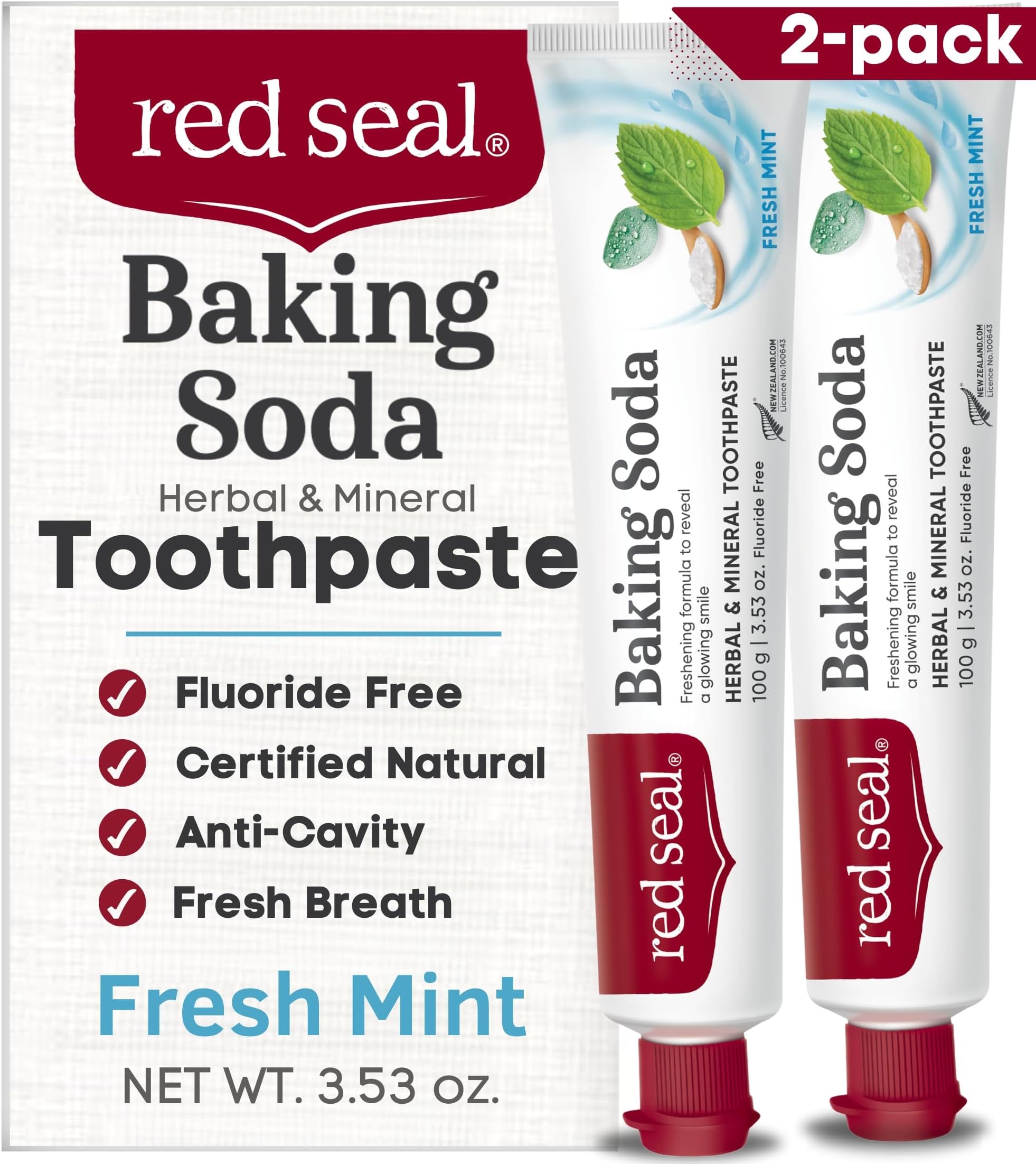 Red Seal Baking Soda Toothpaste - Fluoride-Free Herbal & Mineral Formula, Vegan-Friendly, Cruelty-Free, SLS and Paraben-Free, No Artificial Flavors, NATRUE Certified Natural, Dry Mouth Relief (2 Pack)