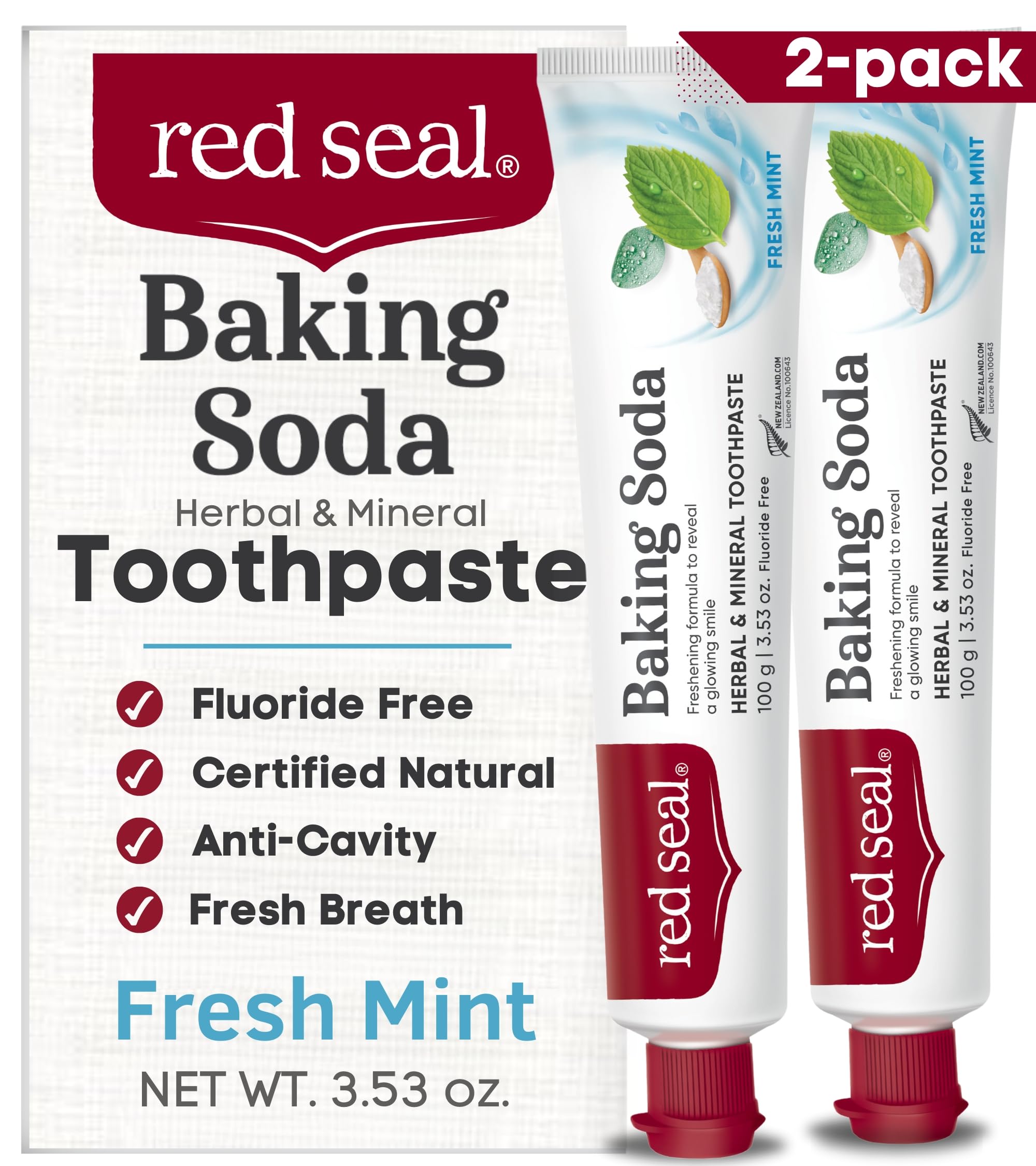 Red Seal Baking Soda Toothpaste - Fluoride-Free Herbal & Mineral Formula, Vegan-Friendly, Cruelty-Free, SLS and Paraben-Free, No Artificial Flavors, NATRUE Certified Natural, Dry Mouth Relief (2 Pack)Natrue